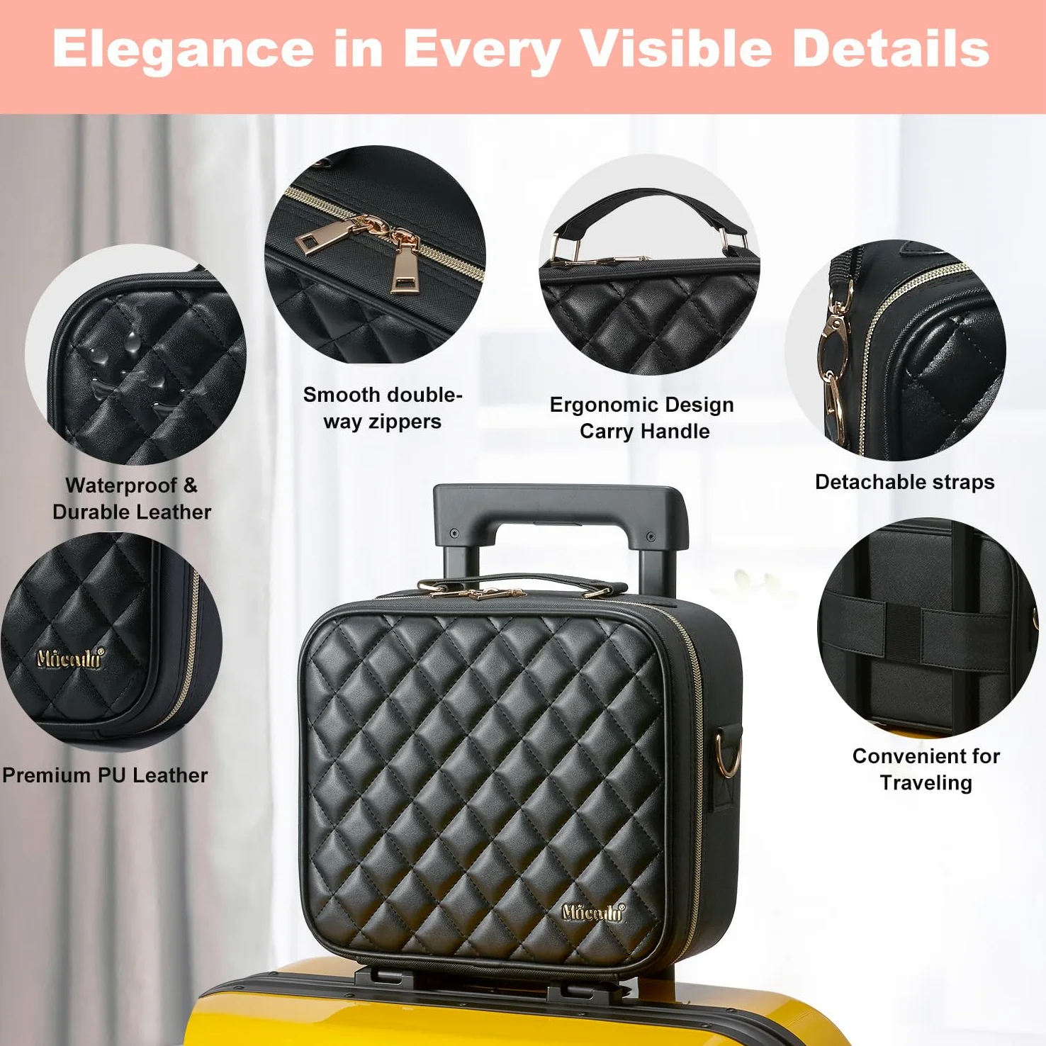 Mocado Beauty case da viaggio con specchio a LED, organizer per trucchi, con 3 impostazioni illuminate e specchio ingranditore 10x, 8 pennelli, divisori regolabili (motivo a losanga nera), Patterm a