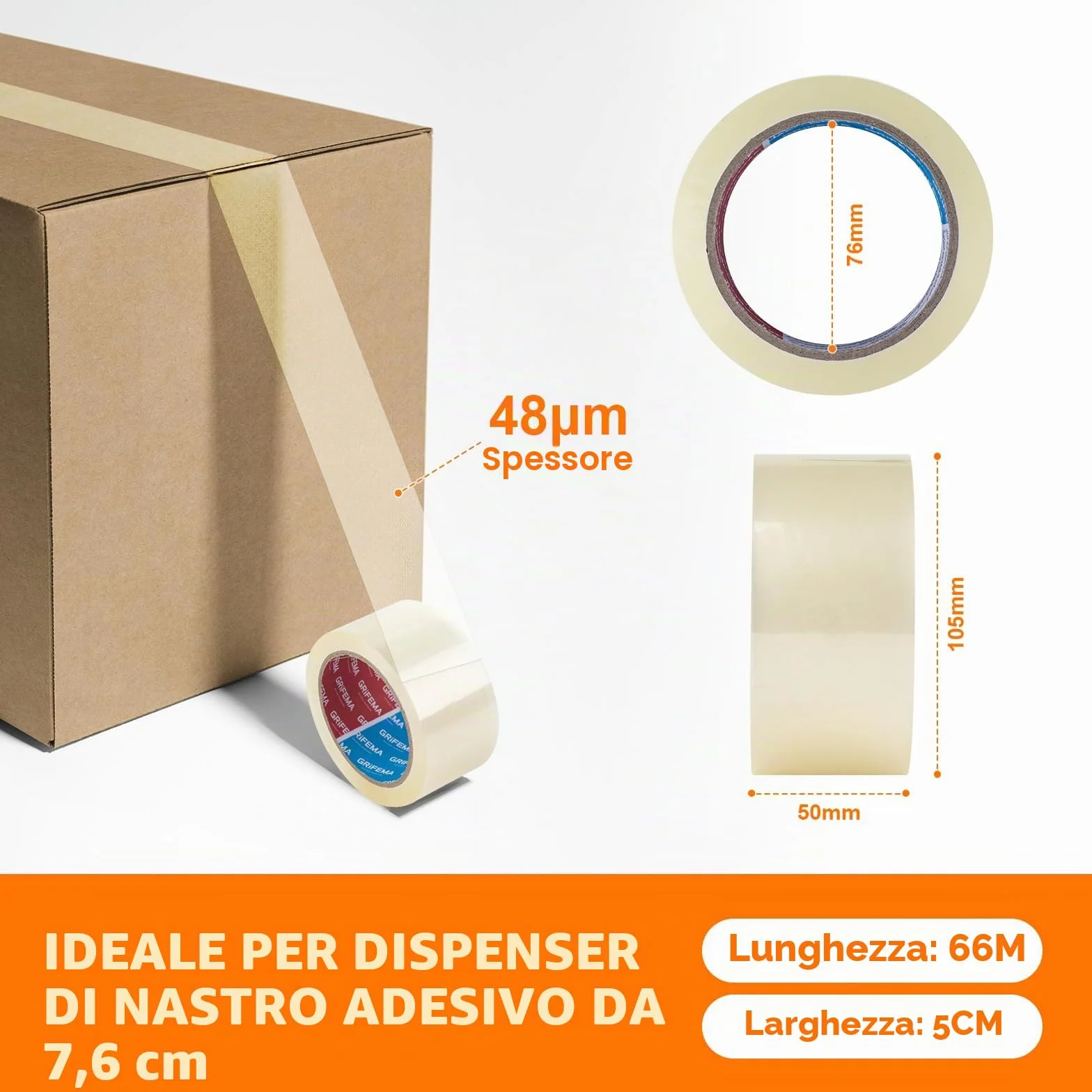 GRIFEMA GA4003-1 Nastro Adesivo Silenzioso per Imballaggio 66 m x 50 mm Trasparente