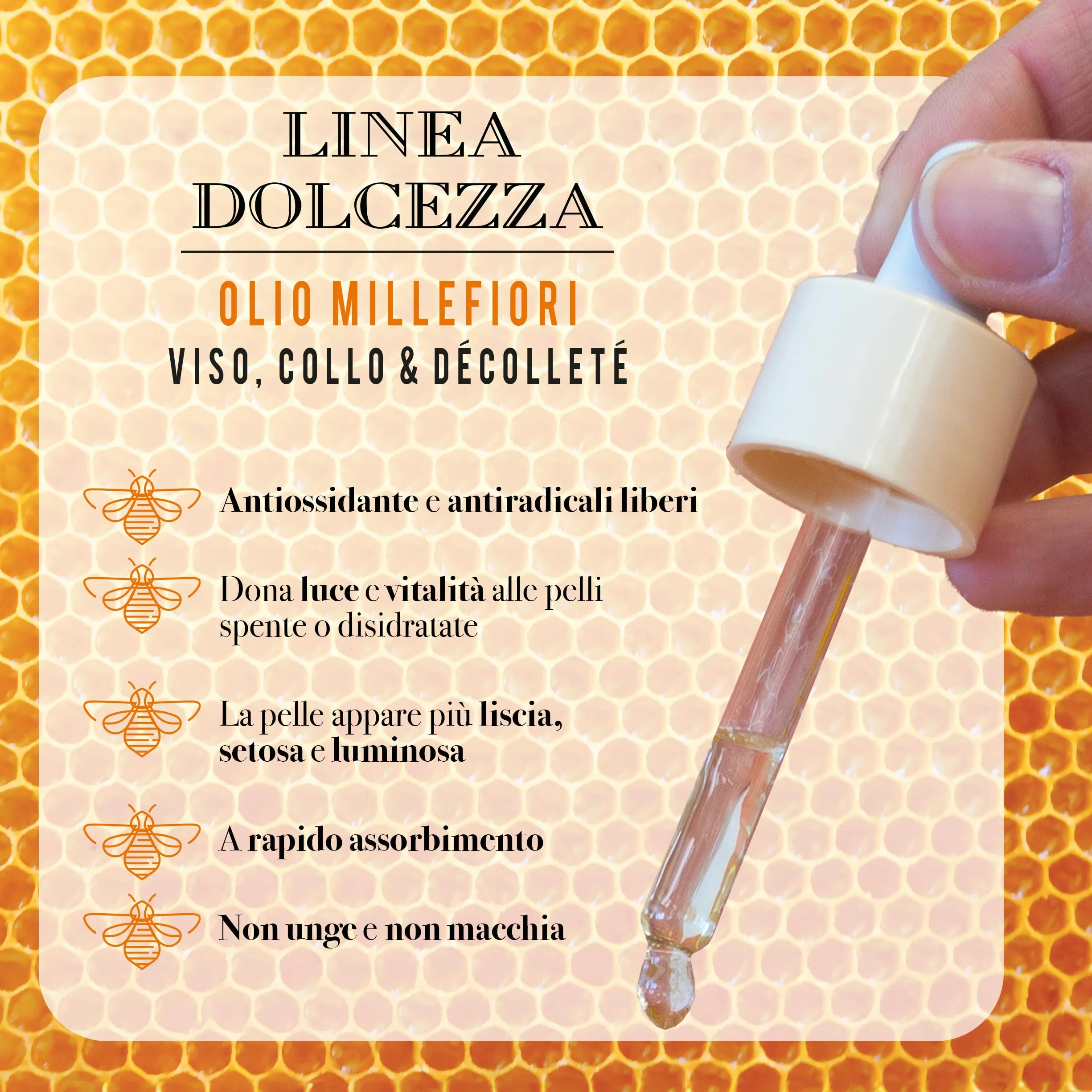Helan Linea Dolcezza - Olio Viso, Collo e Décolleté Millefiori, Idratante e Antirughe, con Cera d’Api e Propolis, Olio Secco a Rapido Assorbimento - Prodotti Skincare Viso, Made in Italy, 30 ml