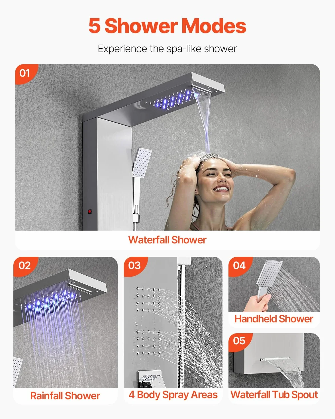 VEVOR Pannello Doccia a Torre con Soffione a Cascata LED, Colonna Doccia in Acciaio Inox Spazzolato 1345 mm, Rubinetto 5 Funzioni con Doccetta e Beccuccio per Vasca