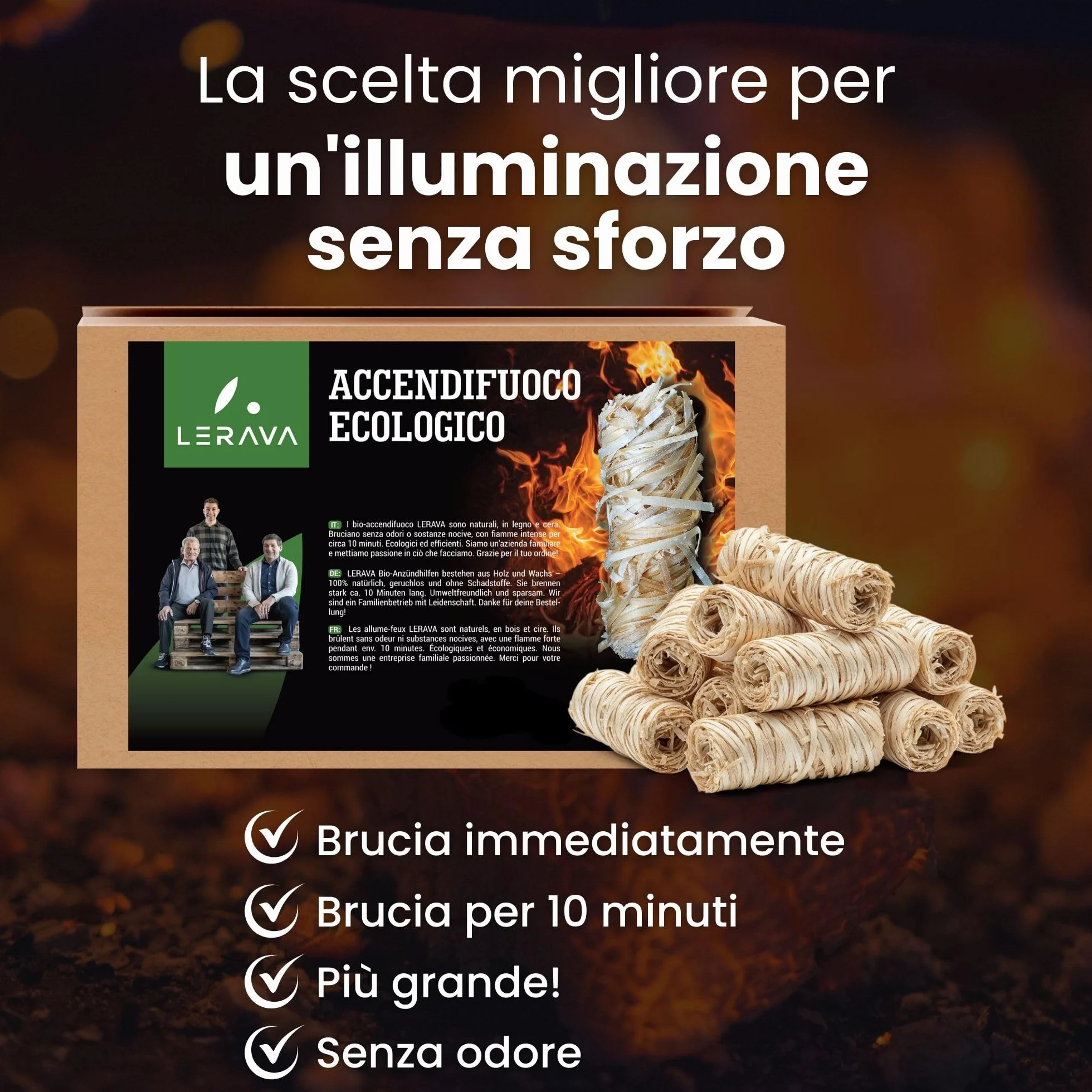 LERAVA Accendifuoco Ecologico 200pz Fire Starter Naturale Fiamma Forte Carbonella Barbecue Camino Stufa 2,4kg