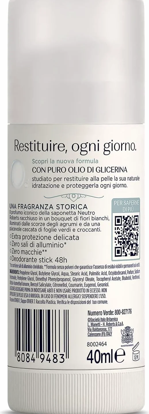 Neutro Roberts Deodorante Stick Delicato Extra Protezione – Deodorante Stick con profumo di sapone, 0% sali di alluminio, 0% macchie, 40 ml + portachiavi Beni Culinari