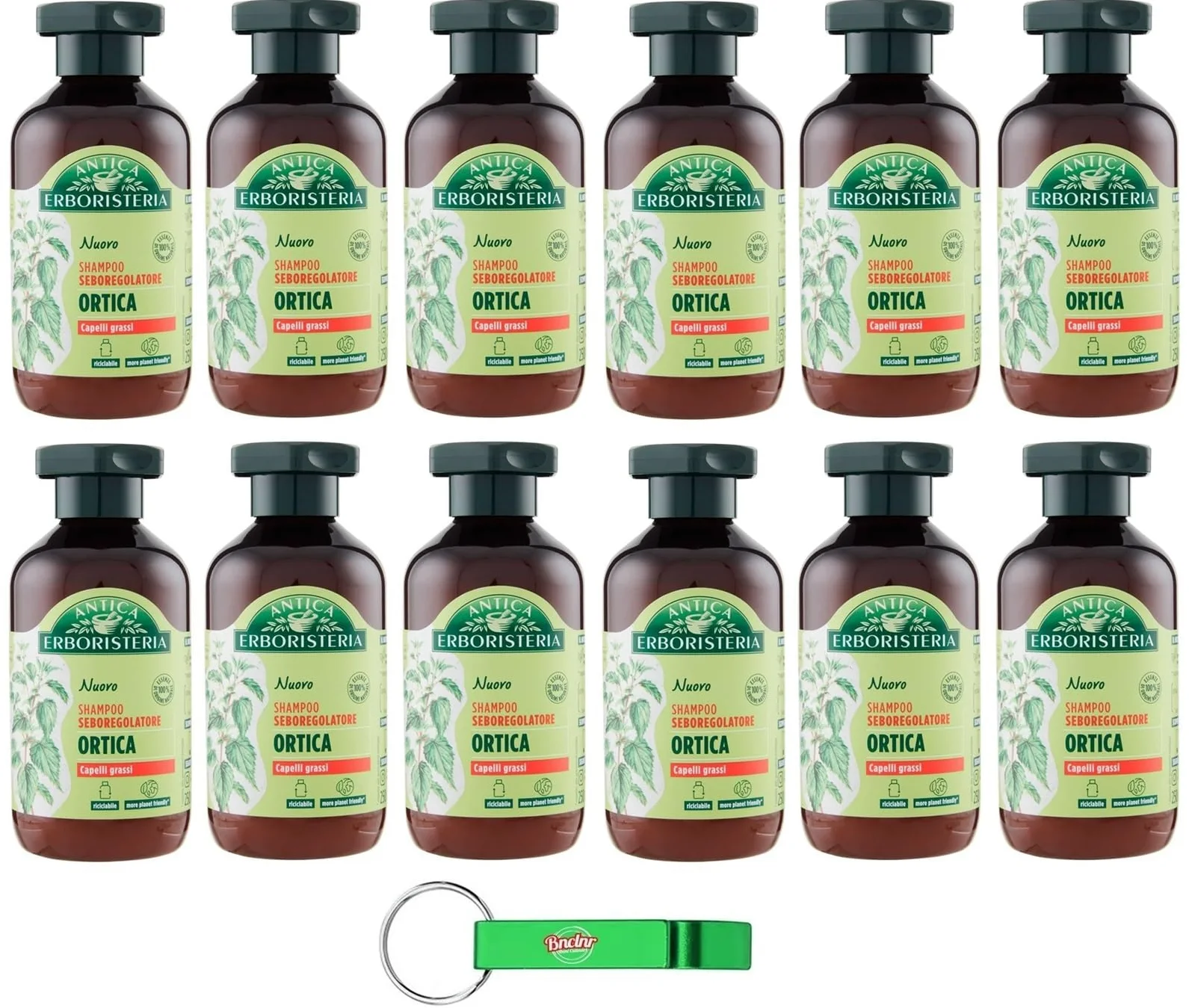 12x Antica Erboristeria Shampoo Seboregolatore all'Ortica per Capelli Grassi Formula Vegan Senza Siliconi e Coloranti,Flaconi da 250ml + Portachiavi Beni Culinari in Omaggio
