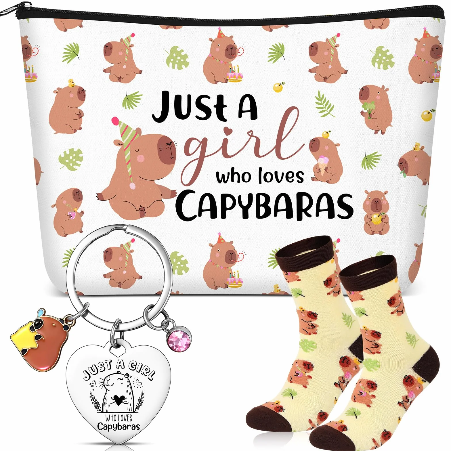 Xuniea Set Regalo Capibara 3 Pezzi - Pochette Trucco, Portachiavi e Calzini con Scritta "Just a Girl Who Loves Capybaras" - Idea Regalo Natale, Compleanno per Amanti degli Animali, Amici, Colleghi
