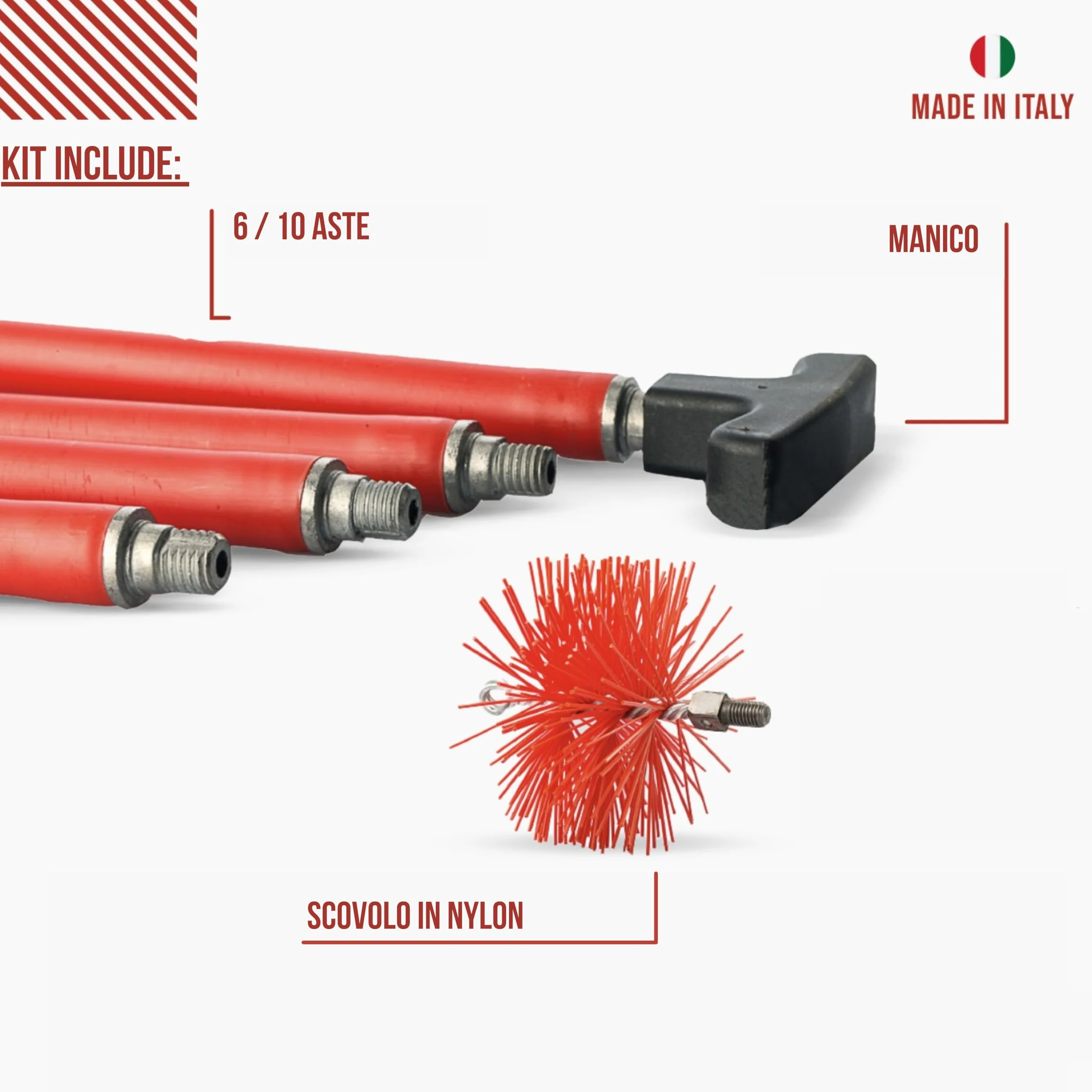 BARETTO Kit Pulizia Camino Canna Fumaria Ø 130 mm Scovolo NYLON Aste 6 m Curvatura 45° Rimozione fuliggine Spazzacamino
