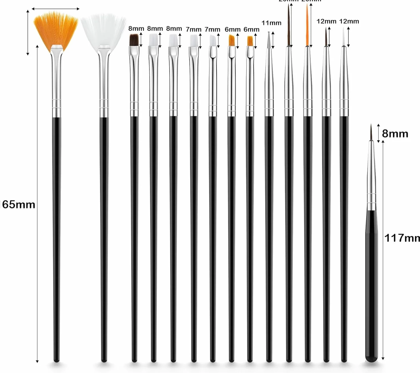 15 pennelli per nail art, pennello per unghie, gel con strumento per unghie, pennello gel UV, per costruzione, pennello in acrilico, pennello per nail art, per fai da te, disegni, colore: nero