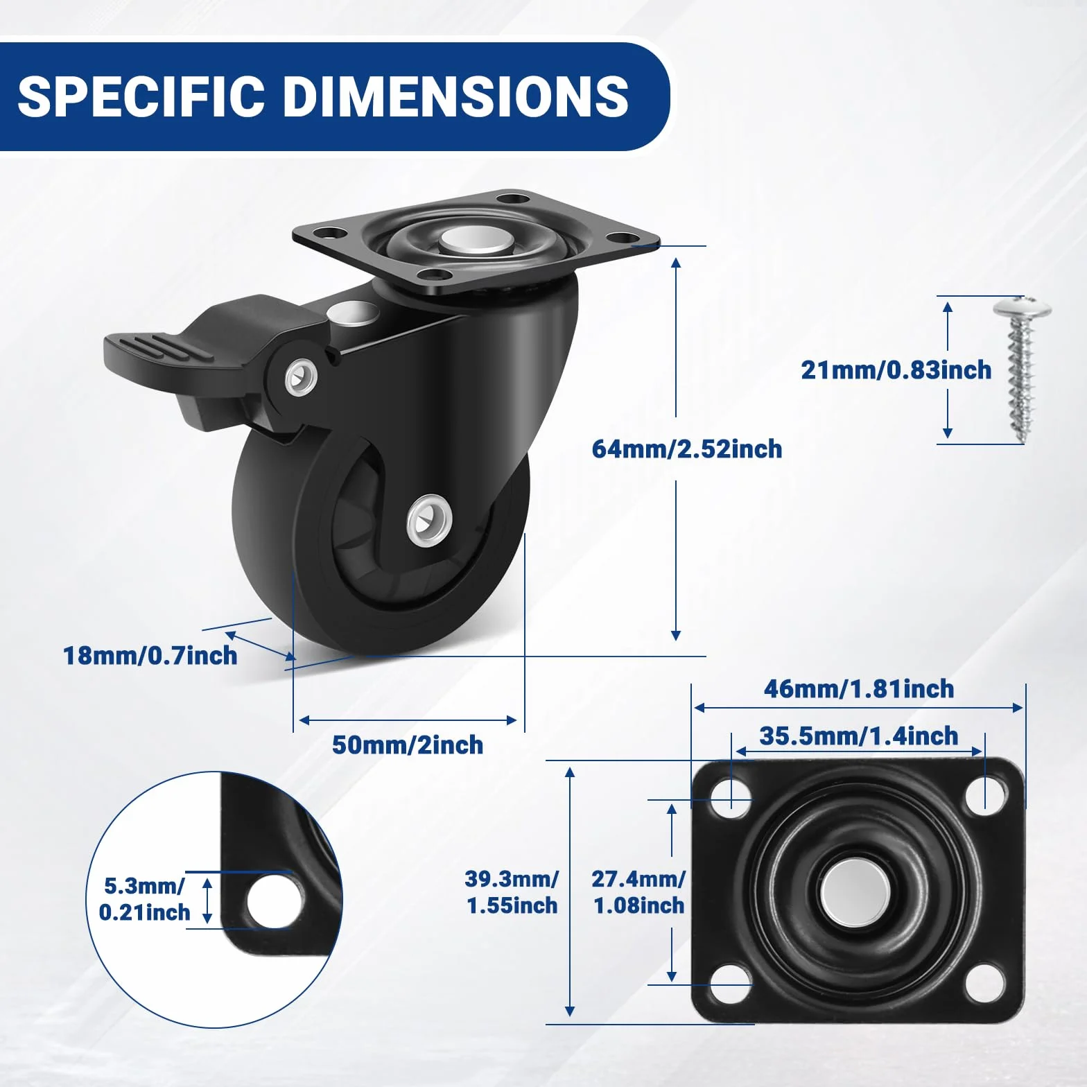 Ruote per Spostare Mobili Pesanti con Freno 50mm, Portata 270kg, Set di 4