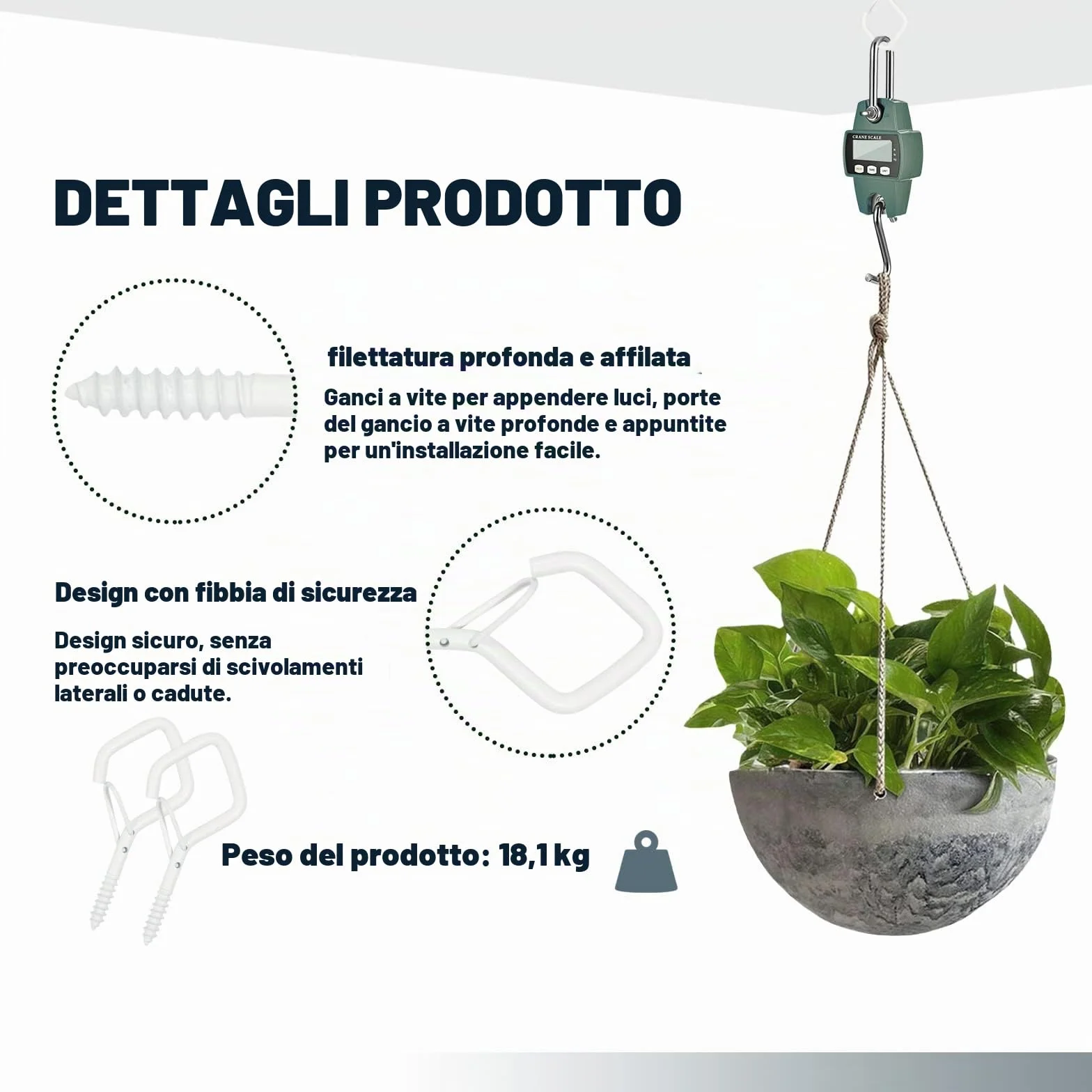 Ganci a vite in acciaio inossidabile bianchi, set da 20 pezzi per parete e soffitto