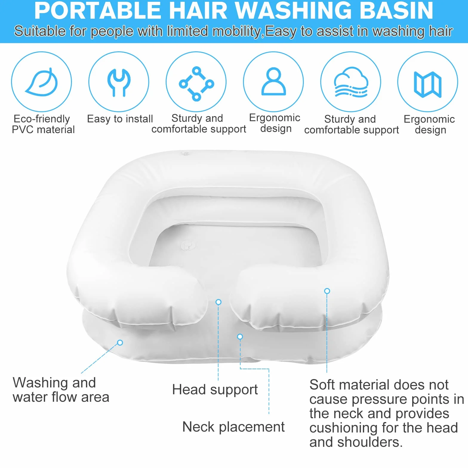 Lavatesta Gonfiabile Portatile per Parrucchieri, Lavandino Mobile con Cuscino Piccolo, Drain Tubo, Bacinella Bacino per Lavaggio Capelli, 60x55x22cm Bianco