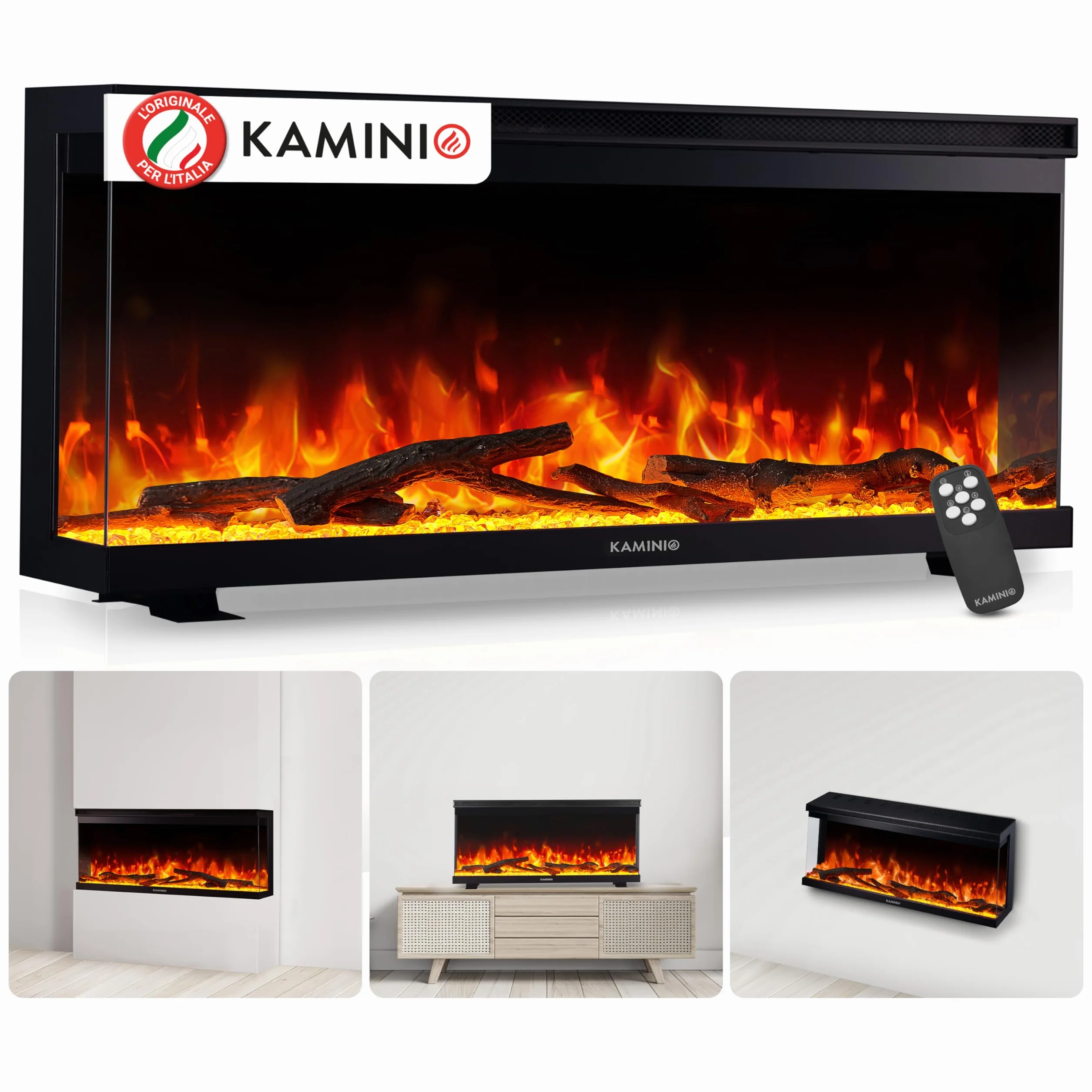 KAMINIO Camino elettrico LEA 3-in-1 con vista panoramica, riscaldamento, effetto fiamma 3D, 12 colori, telecomando 36 pollici