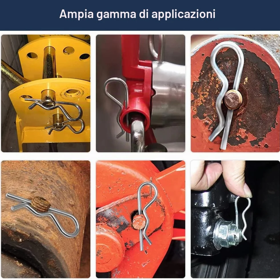 Set di 6 Coppiglie Spaccate in Acciaio Inox, R Clip a Molla per Auto e Trattori
