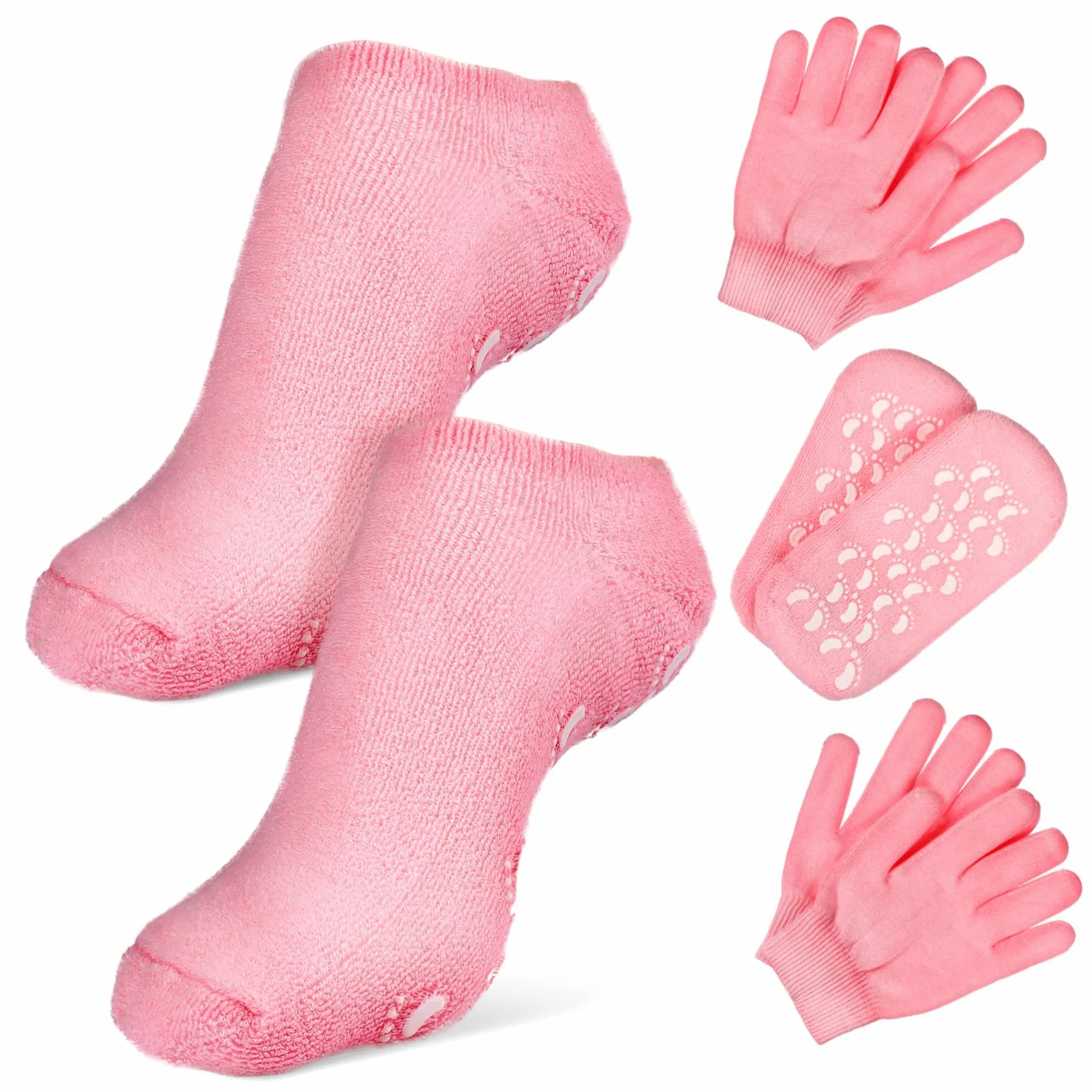 PLAFOPE Calzini Idratanti e Guanti Spa, 2 Set in Cotone Rosa, Traspiranti a Copertura Totale per Piedi e Mani Secche, Uso a Casa in Inverno