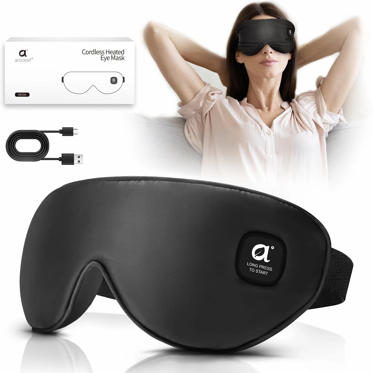 arboleaf Maschera Occhi Riscaldante, 3 Livelli di Maschera Termica per Occhi Secchi e Blefarite, Ricaricabile USB-C con Batteria da 1000mAh, Mascherina per Dormire Oscurante, Lavabile e Portatile