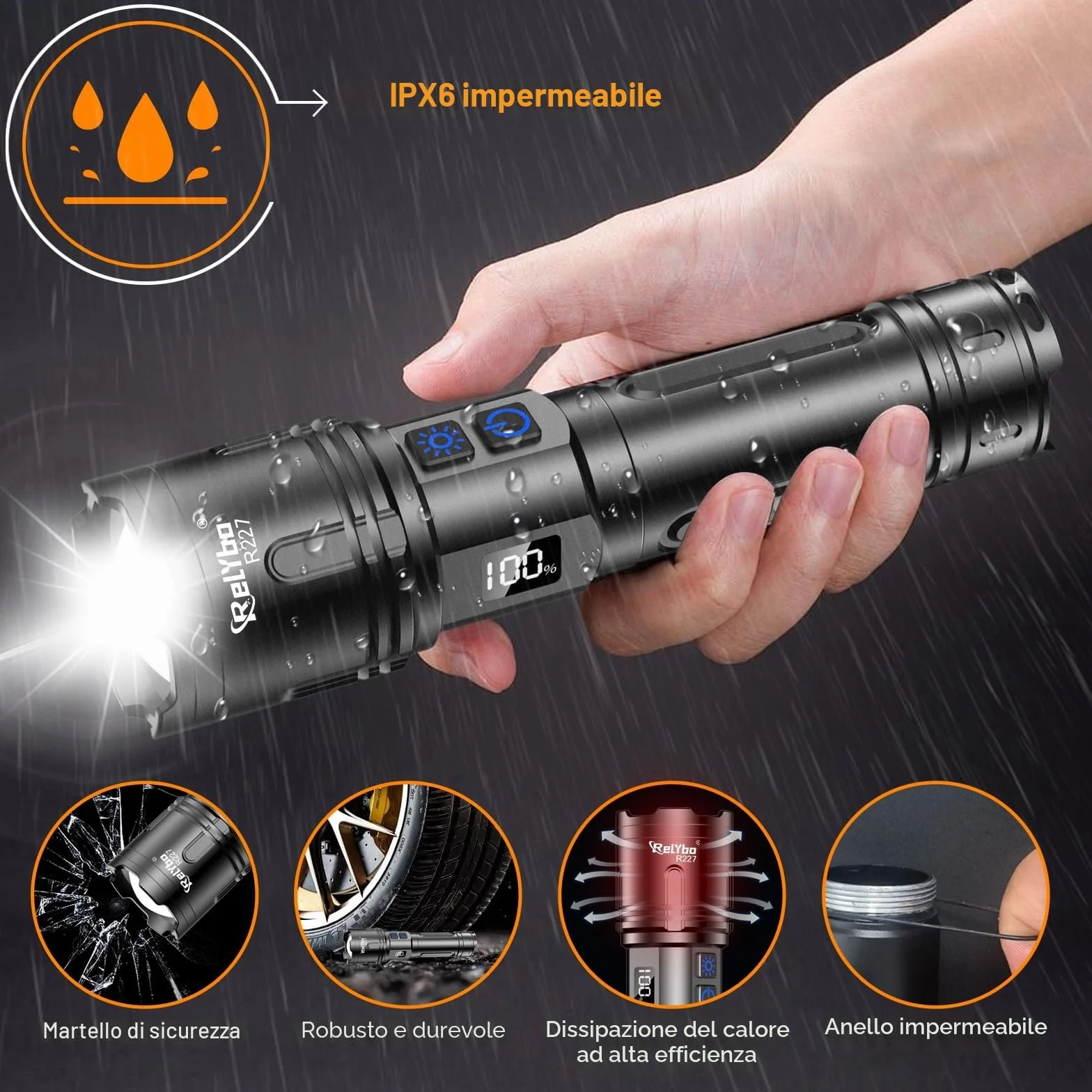Relybo XHM90.2 Torcia LED 1,000,000 Lumens Ricaricabile USB C Dimmerabile Tattica