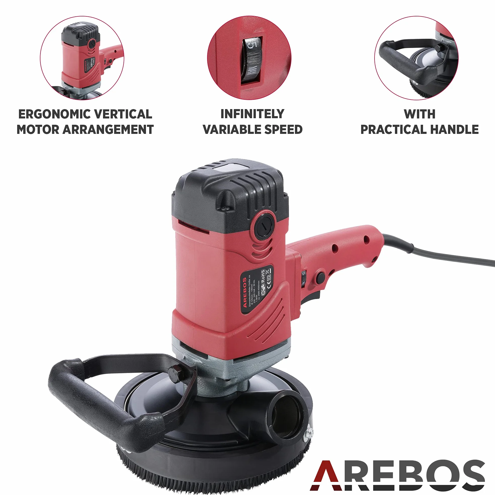 Arebos Fresatrice per calcestruzzo 1500 W con attacco aspirapolvere e regolazione velocità