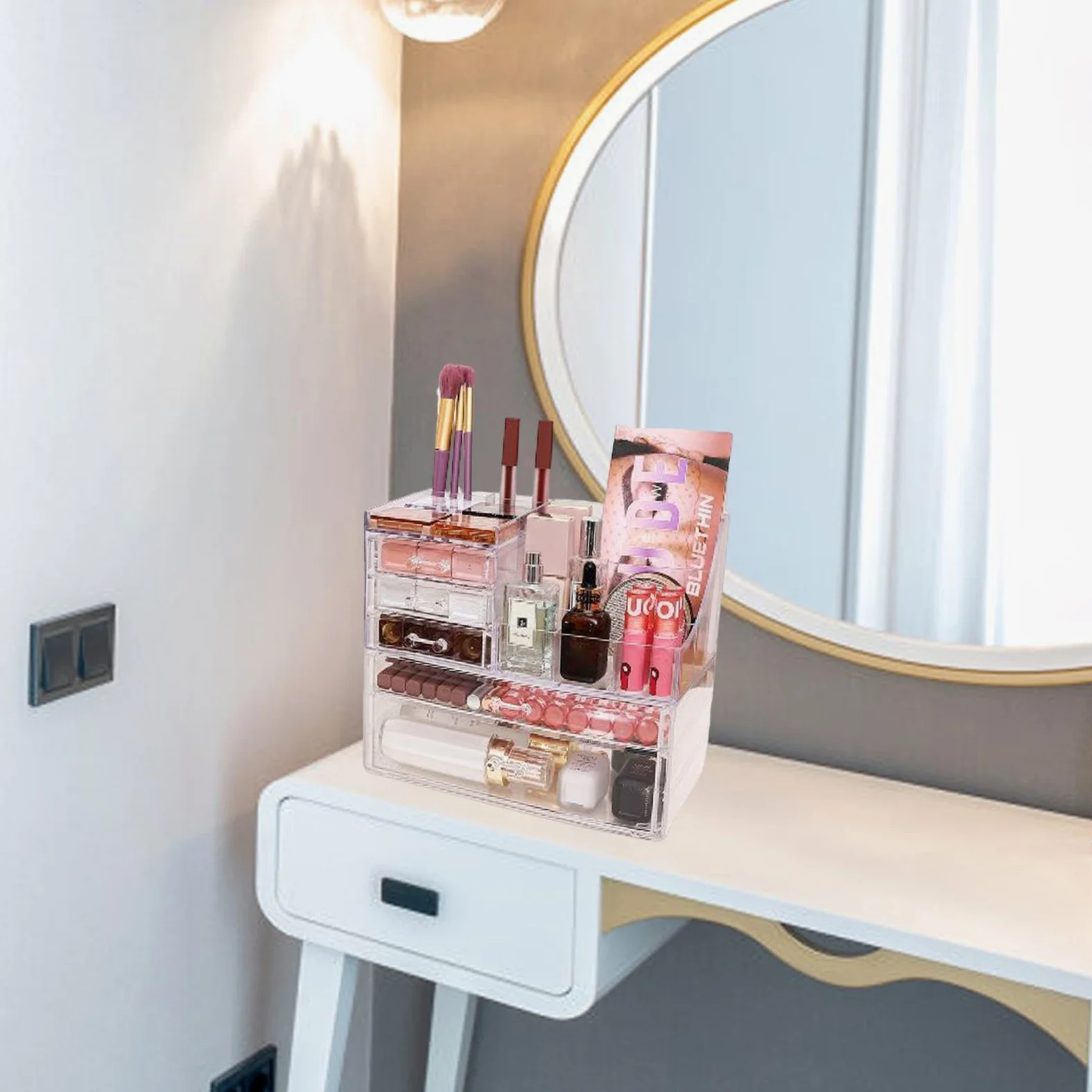 KUWAI - Espositore in acrilico trasparente, porta trucchi e organizer, organizer per cassetti in acrilico, scatola trasparente per cosmetici, organizer per trucchi, cassettiera da scrivania | organizer per cassetti in acrilico, scatola trasparente per cos