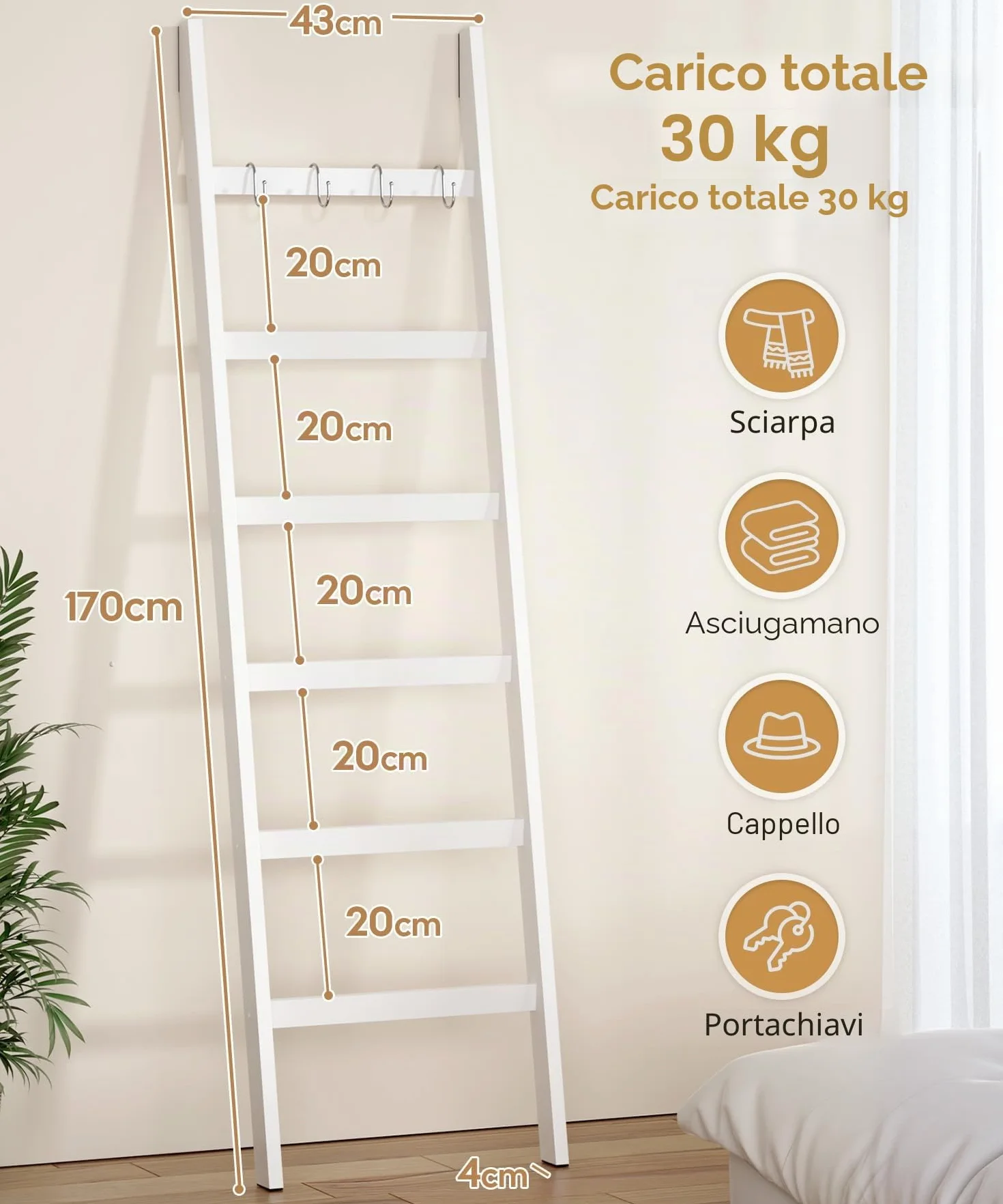Yorbay Scala Portasciugamani in Bambù 170x43 cm Bianco 6 Pioli
