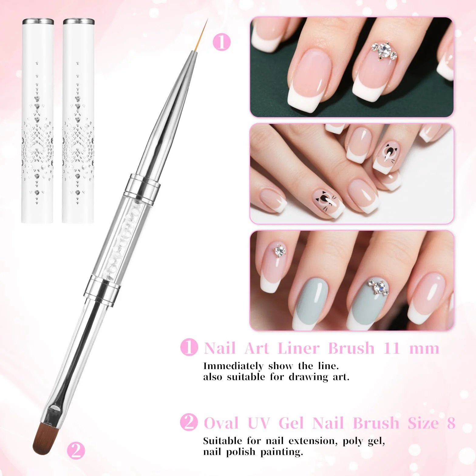 cobee 2 pennelli a doppia punta francese in gel duro, pennello gel costruttore unghie, pennello liner per design professionale nail art