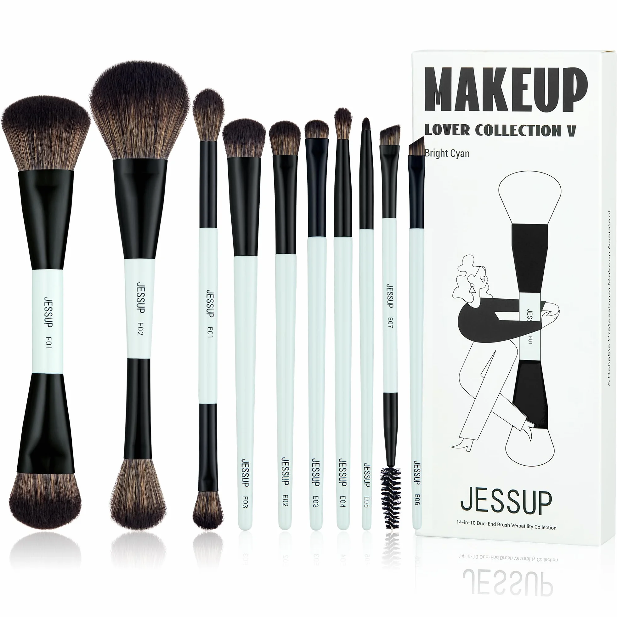 Jessup pennelli trucco, 10pz pennelli make up, 14-in-10 duo-end pennelli collezione versatilità, fondotinta polvere ombretto contorno occhi eyeliner evidenziatore fard pennello, ciano brillante T500