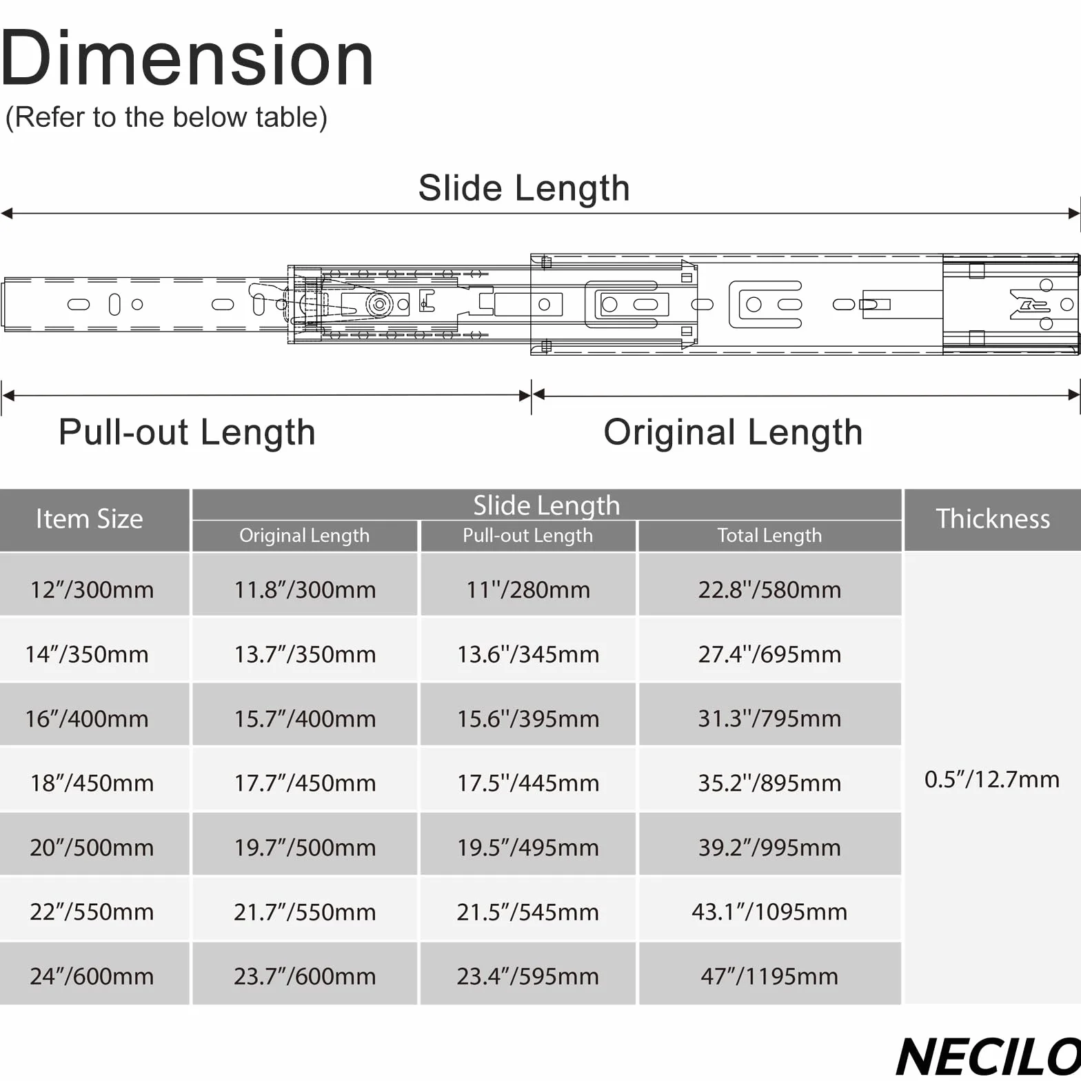 NECILO guide push-to-open cassetti 300mm 45kg estrazione totale cuscinetti a sfera nero 1 coppia 2 pezzi