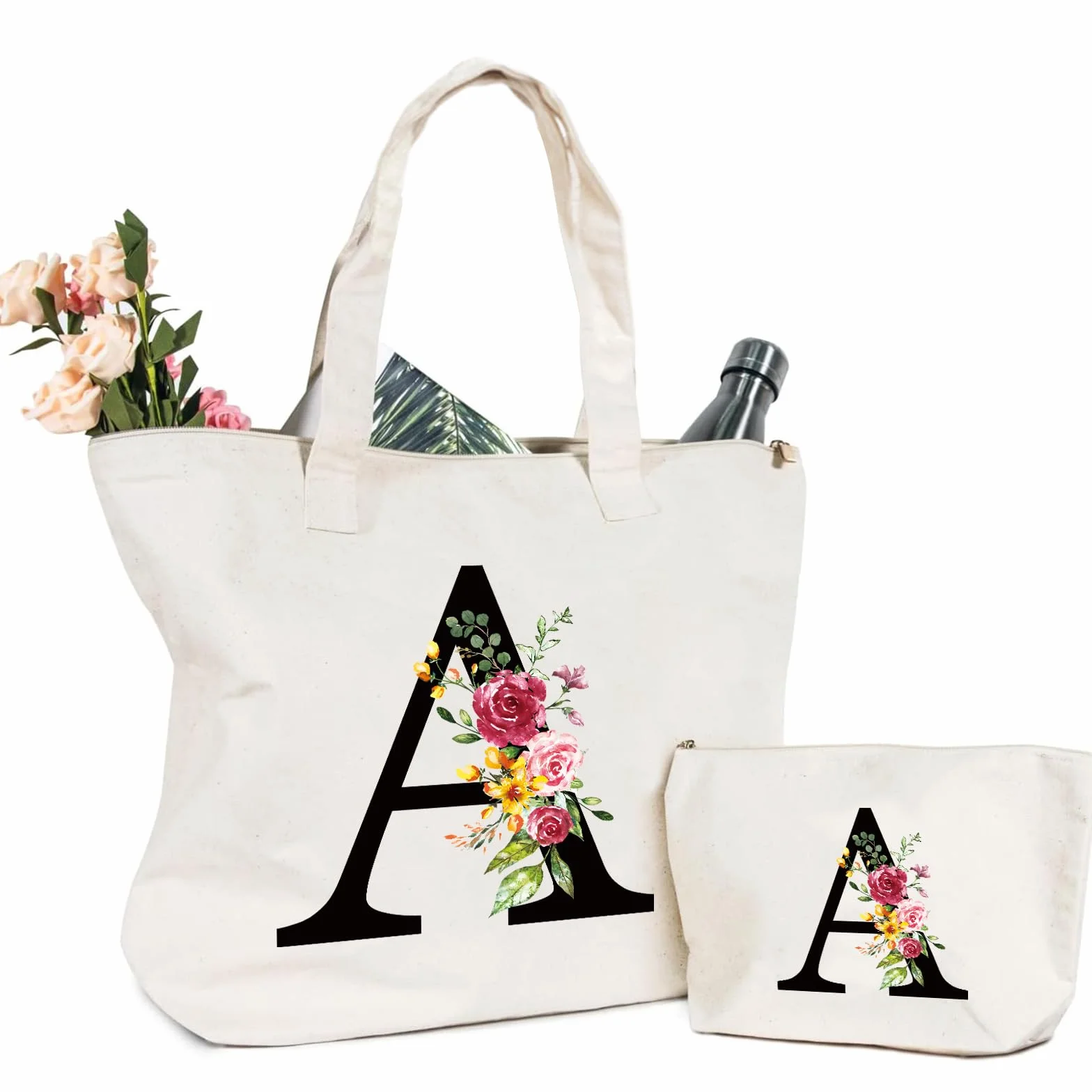 Borsa per il trasporto e trousse con iniziale, borsa per la spesa in tela con cerniera, personalizzata, in cotone, regalo per fidanzata, moglie, mamma, sorella, compleanno, matrimonio, festa della