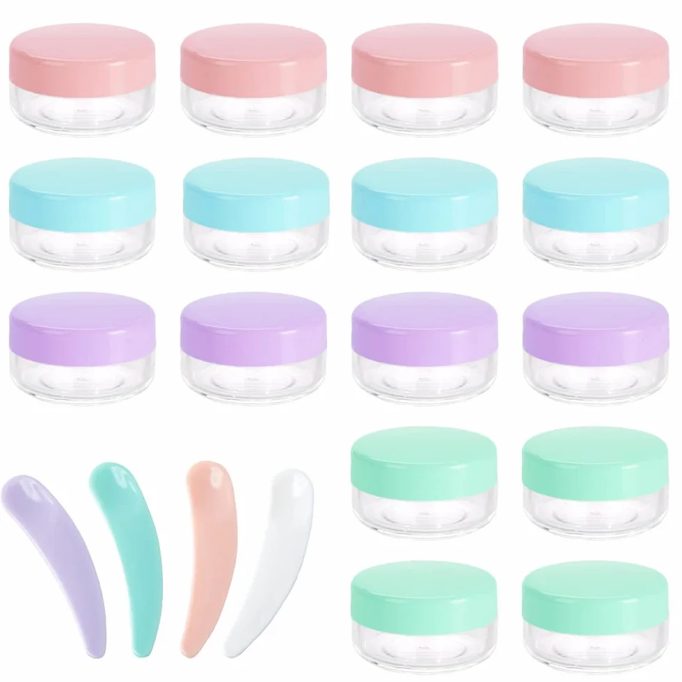 16 Pezzi 10Grammi/10ml Vuoti Vasetti Cosmetici in Plastica e 4 Mini Spatole, Mini Vasi da Viaggio con Coperchi, Vasi Campione per Mini Articoli da Toeletta per Lozioni, Cosmetici (4 Colori)