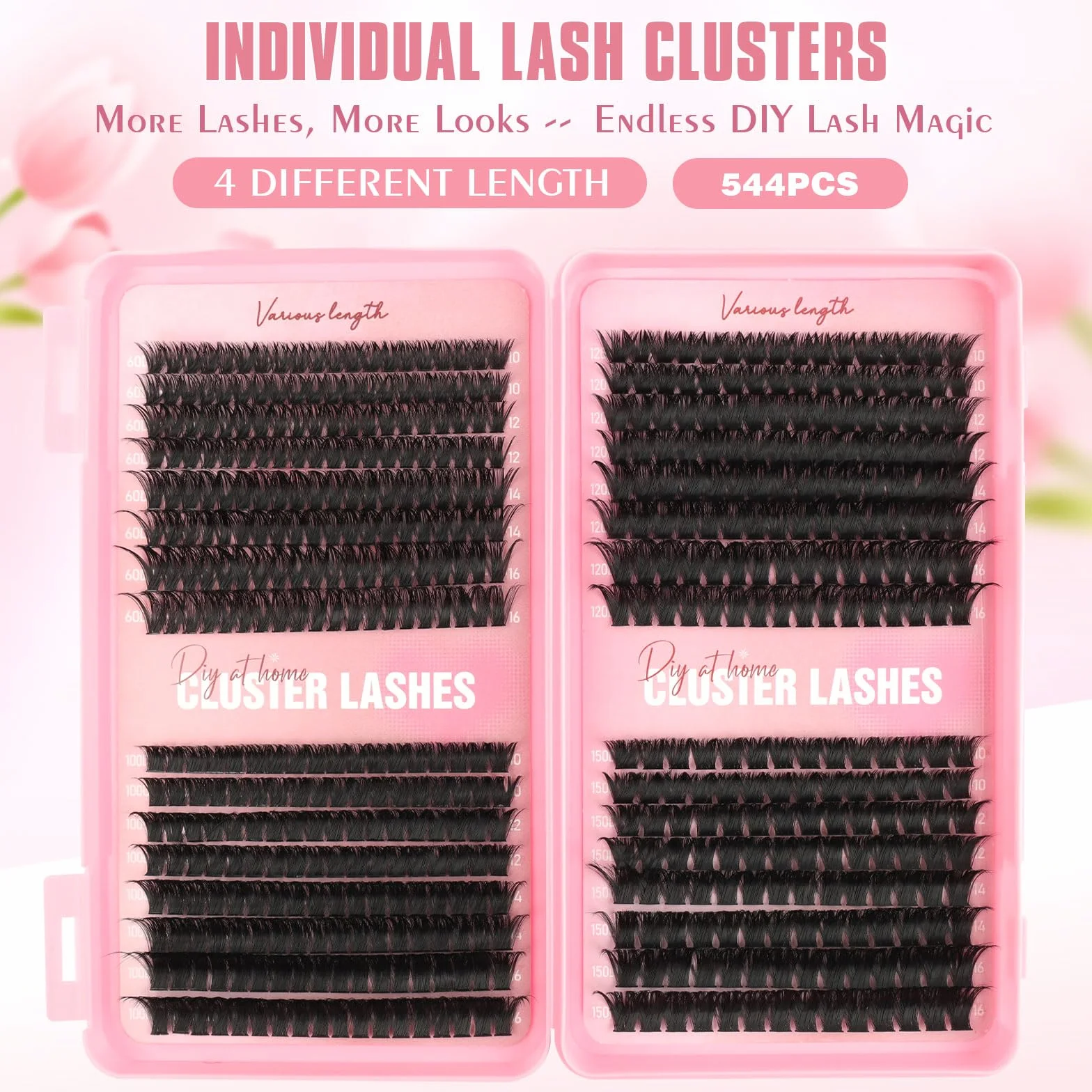 Extension Ciglia Ciuffetti, Libro da 544PCS Ciglia Finte a Ciuffi Ricci D, 10-16MM per Volume Intenso e Personalizzato (60D+100D+120D+150D)