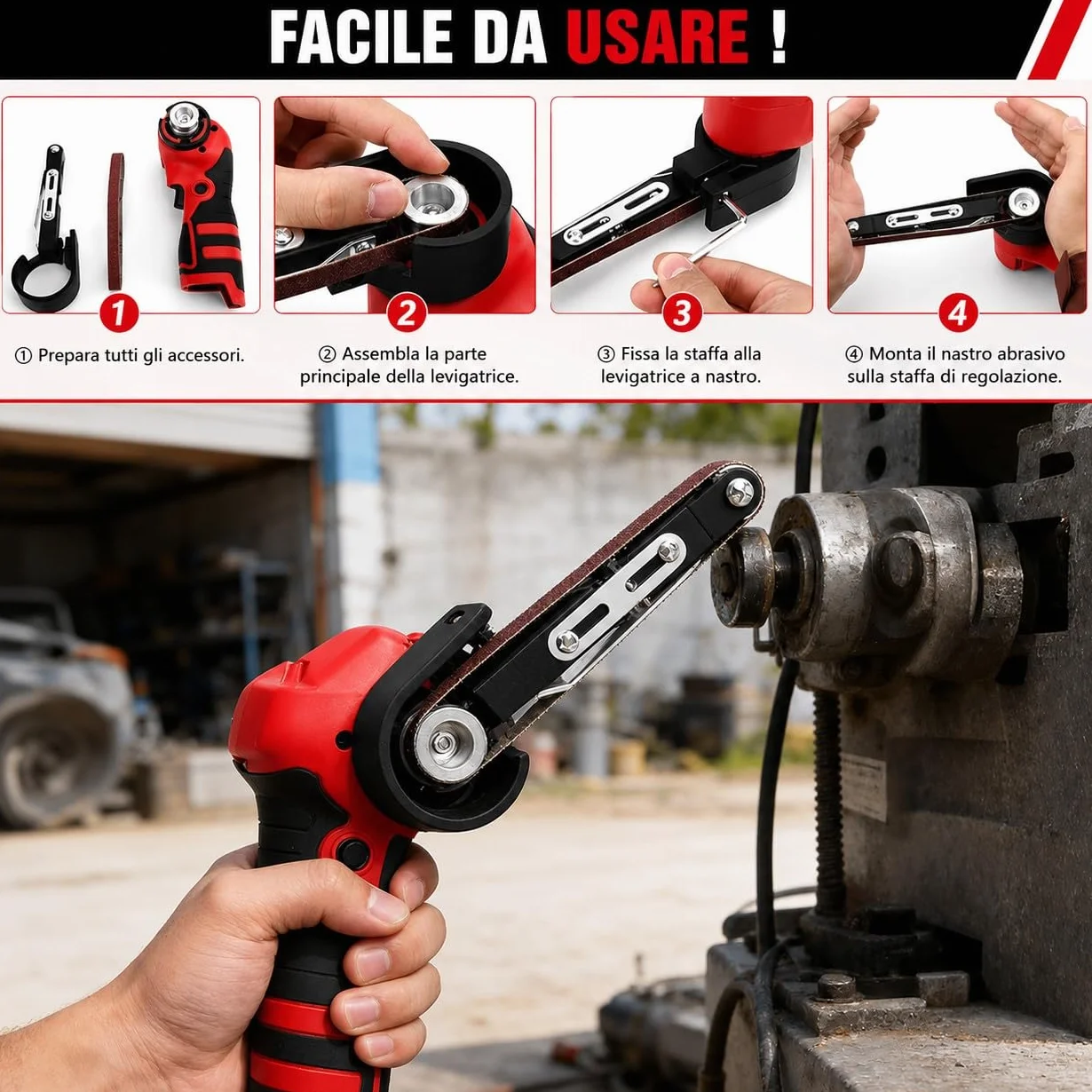 Mini Levigatrice a Nastro a Batteria 24V 10x330mm 360° con 2 Batterie 10 Nastri Abrasivi per Metallo Legno