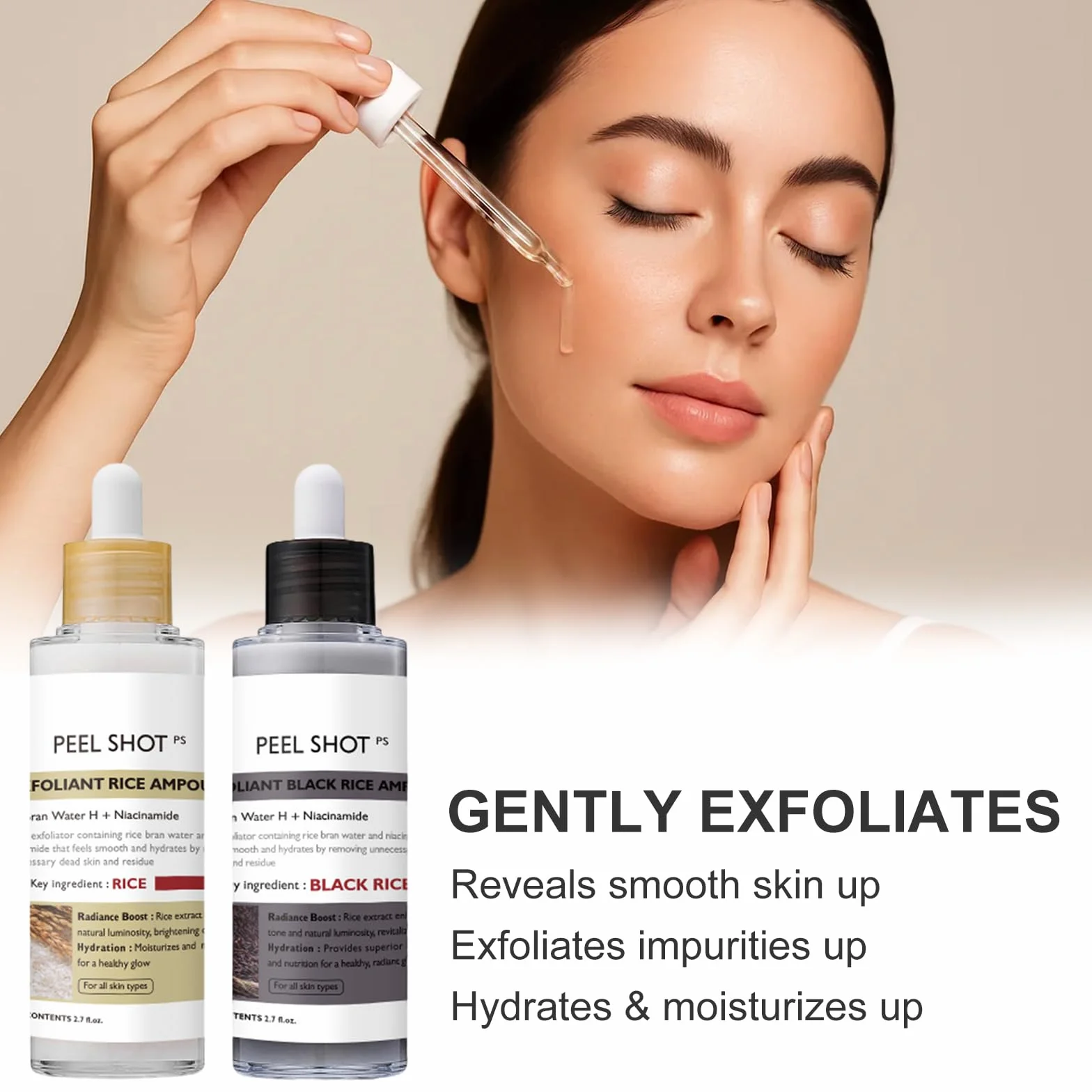 Siero Coreano Esfoliante al Riso, Peel Shot Glow Rice Ampoule Duo, Siero Esfoliante al Riso, Coreano Punti Neri Rimozione, Riduce Pori, Idratante e Illuminante, pelli sensibili (80ml* 2 Pack)