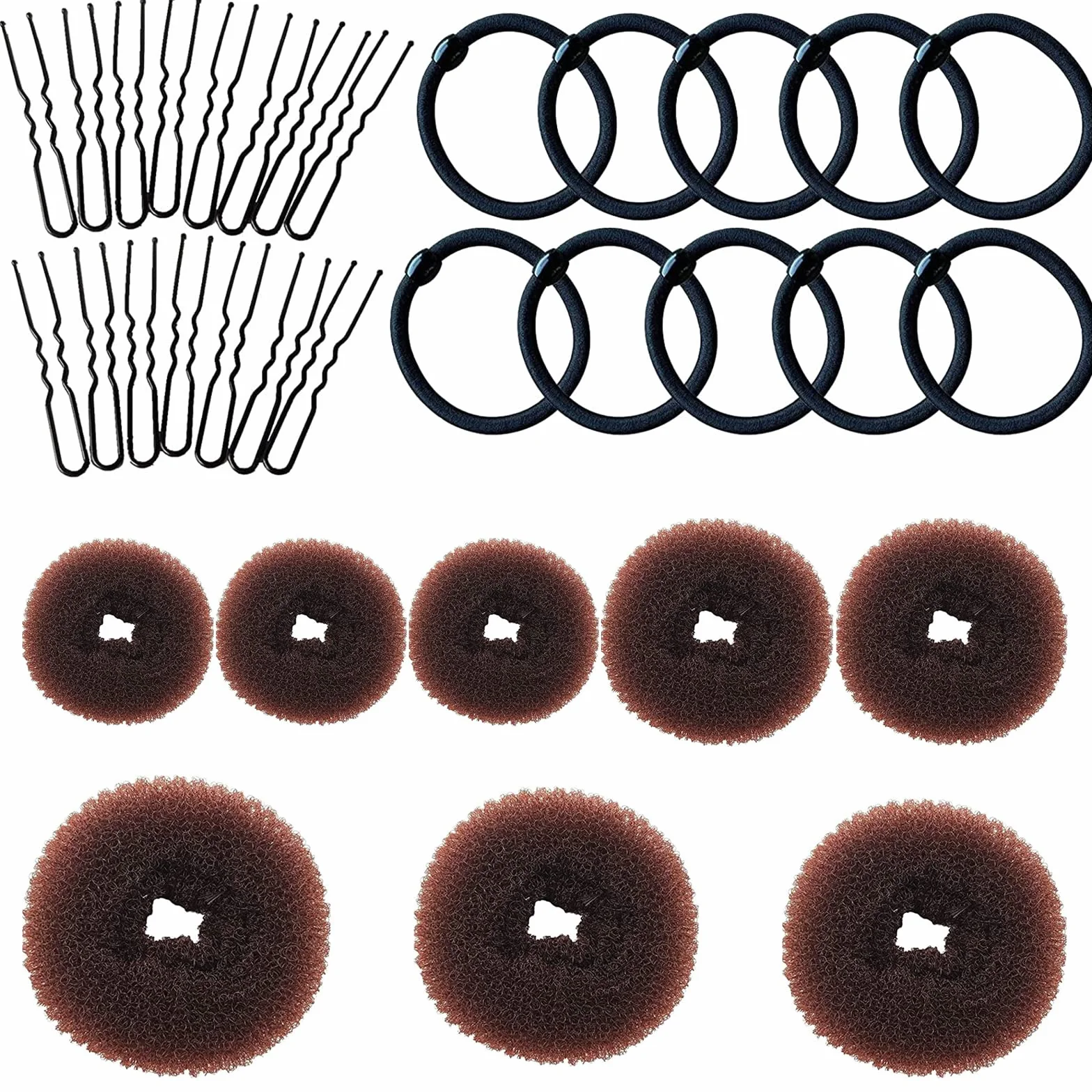 VEGCOO Chignon a Ciambella, 8 Pz Creatore per Pane Ciambella Chignon a Ciambella Magic Hair per Bambine e Donne, con 15 Elastici per Capelli e 15 Forcine Forma di U (Marrone)