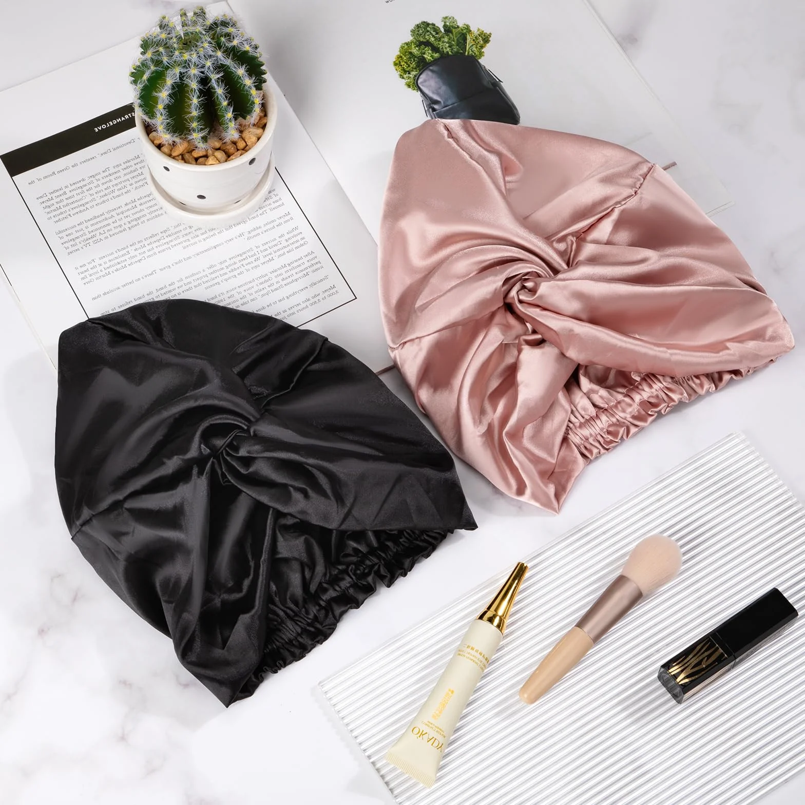Cappello da Notte in Raso Cuffia da Donne con Fascia Elastica Berretto di Satinato 2 Pezzi Nero Champagne per Dormire