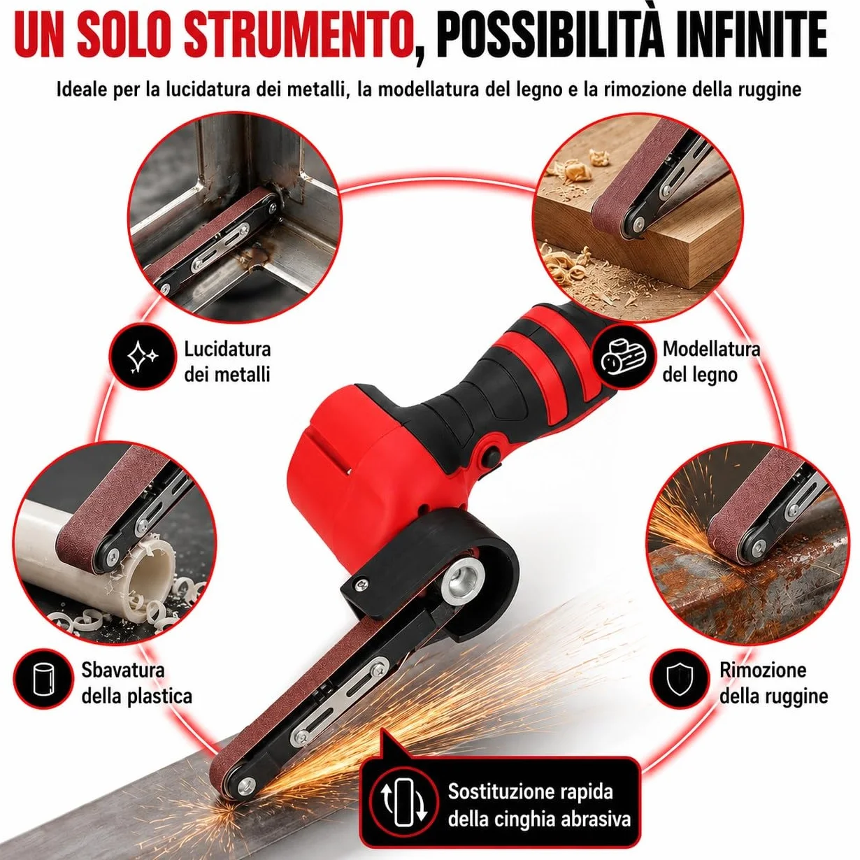 Mini Levigatrice a Nastro a Batteria 24V 10x330mm 360° con 2 Batterie 10 Nastri Abrasivi per Metallo Legno