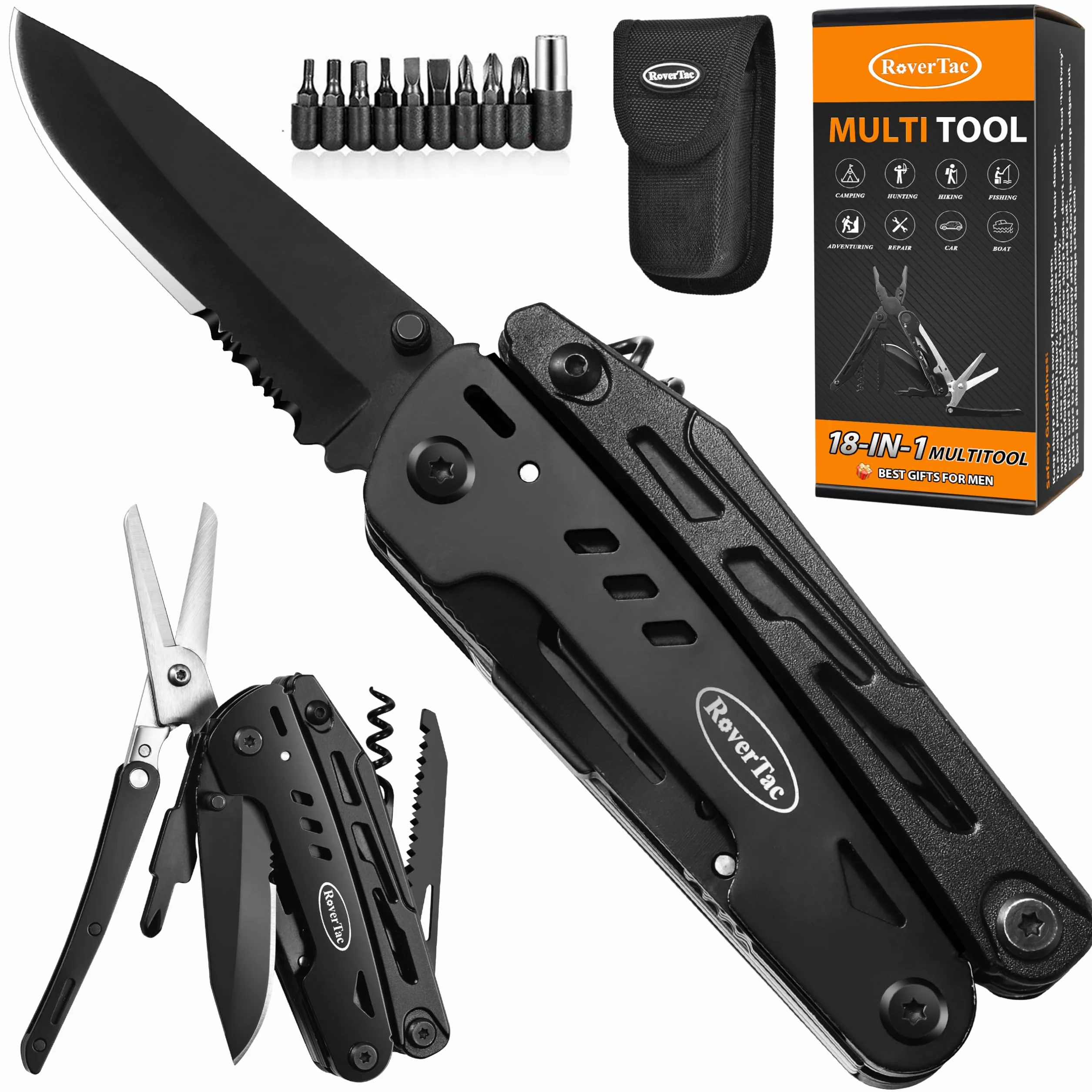 RoverTac 18 in 1 Multitool Coltello Tascabile con Pinze Forbici Sega Cavatappi 9-Pack Cacciaviti e Fodero in Nylon