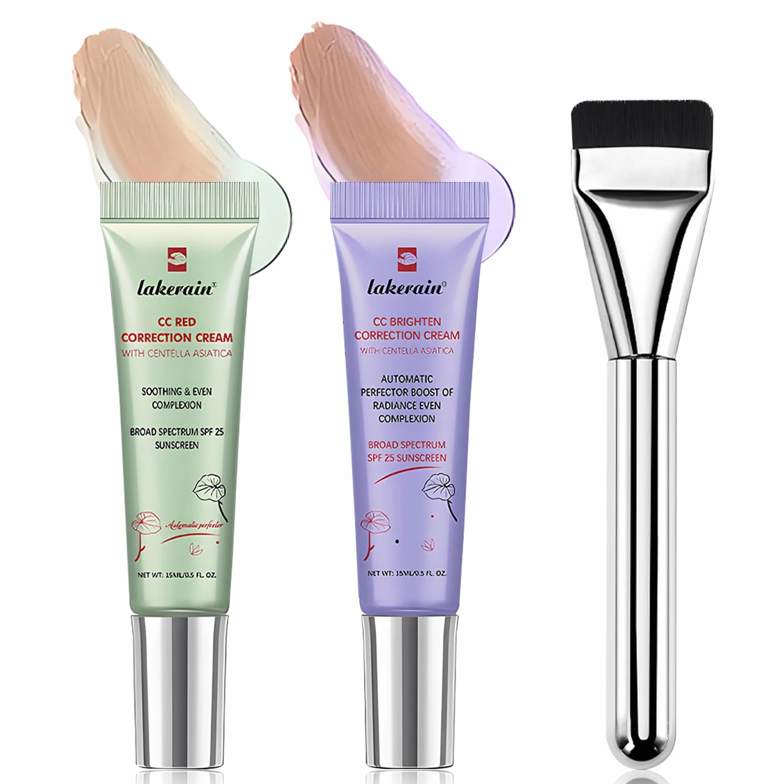 CC Red Correct Crema, Dull Correct Crema, con Pennello per Fondotinta, Brighten Correction Cream con Centella Asiatica, SPF 25, Riduce il Rossore, Bilancia il Tono Della Pelle