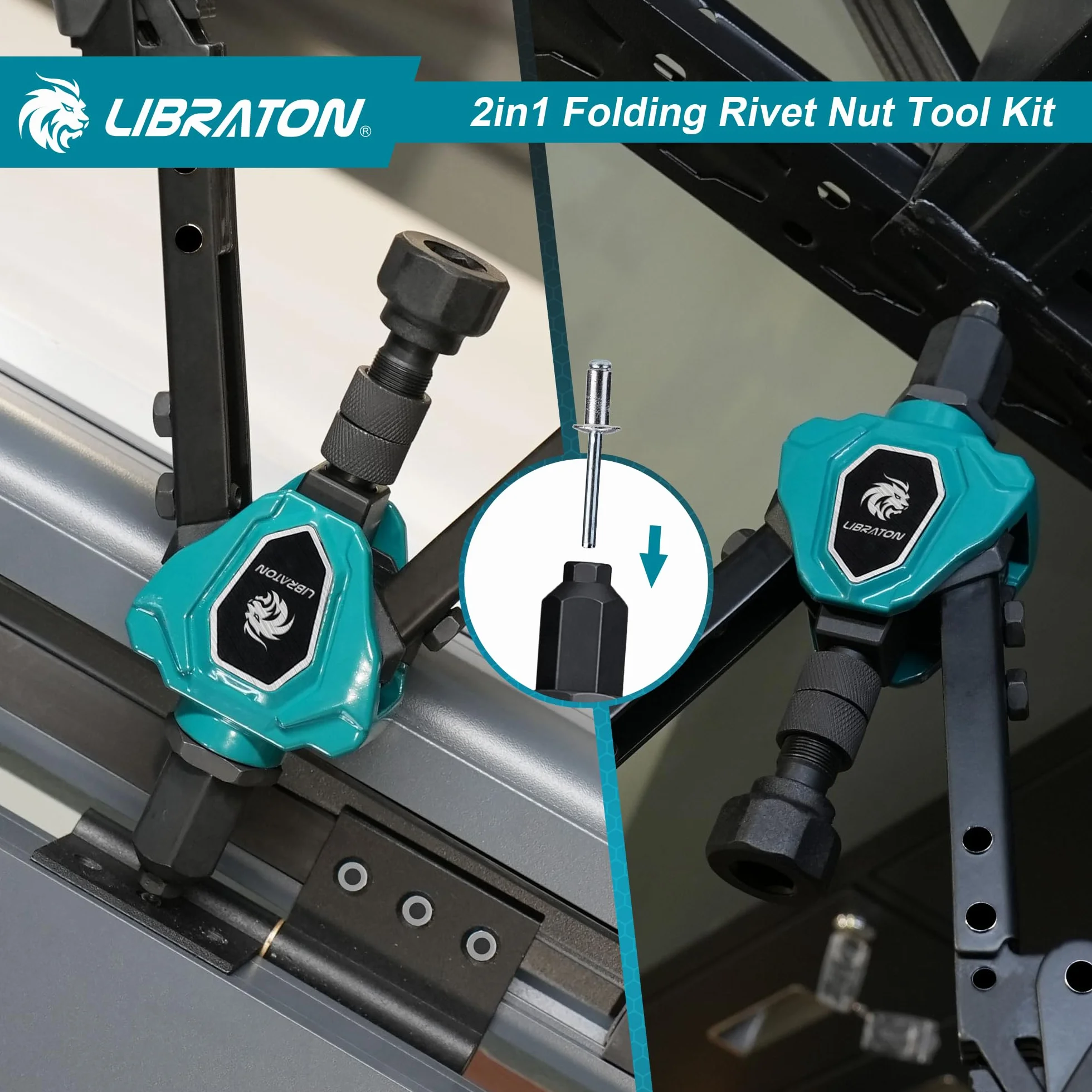 LIBRATON Rivettatrice Pieghevole 2 in 1 per Inserti Filettati, 7 Mandrini M3-M12, 5 Teste 2.4-6.4mm, 70 Inserti 200 Rivetti