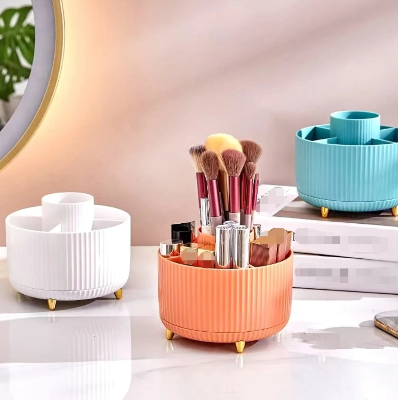Porta Trucchi,Toeletta La Scatola di Immagazzinaggio per Cosmetici da Tavolo Ruota Il Cestino Articoli Vari Organizer per Trucco Multifunzione(Oranje)