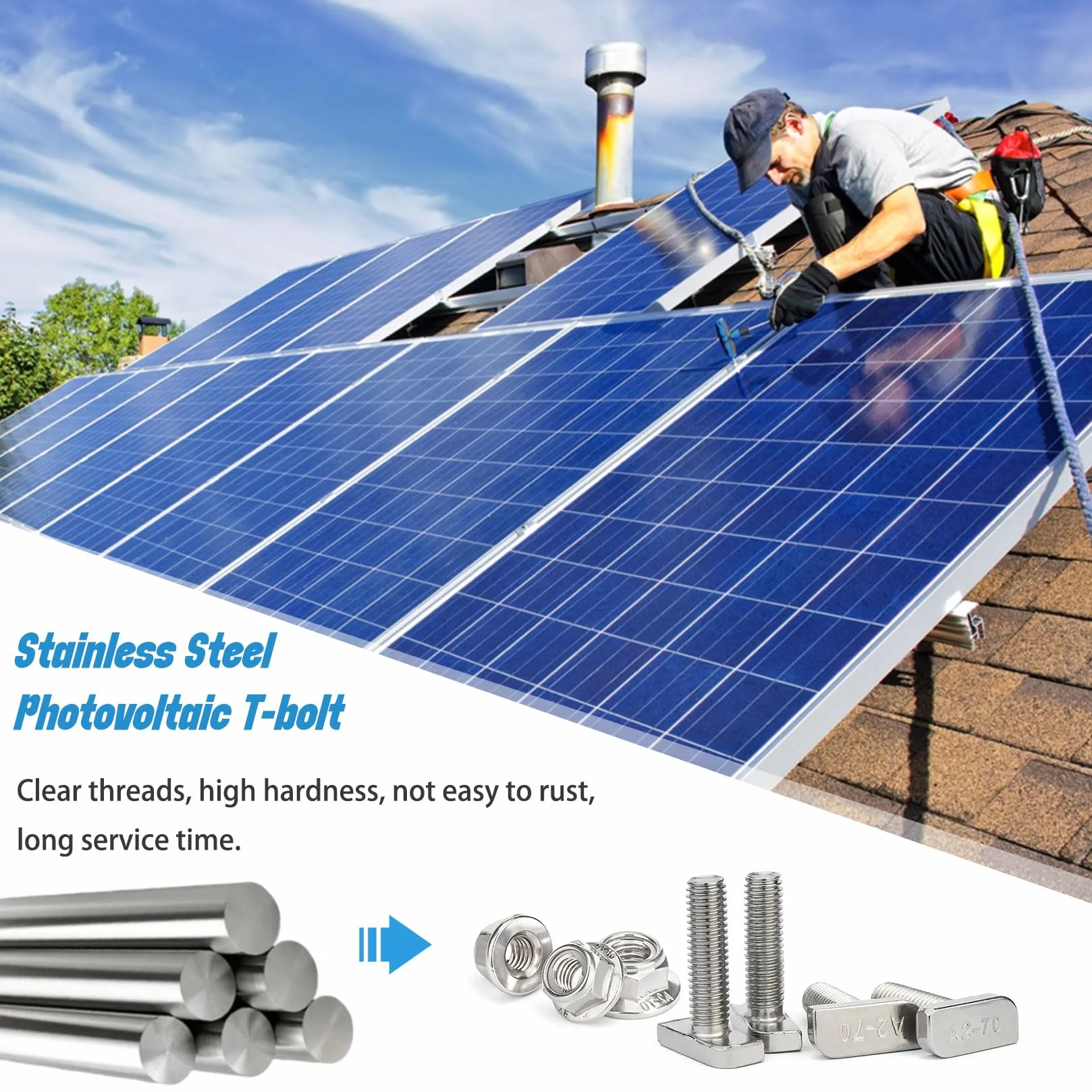 Viti a Testa di Martello M8x20mm Acciaio Inossidabile Dadi Flangiati M8 per Guide di Montaggio Solari Fotovoltaiche