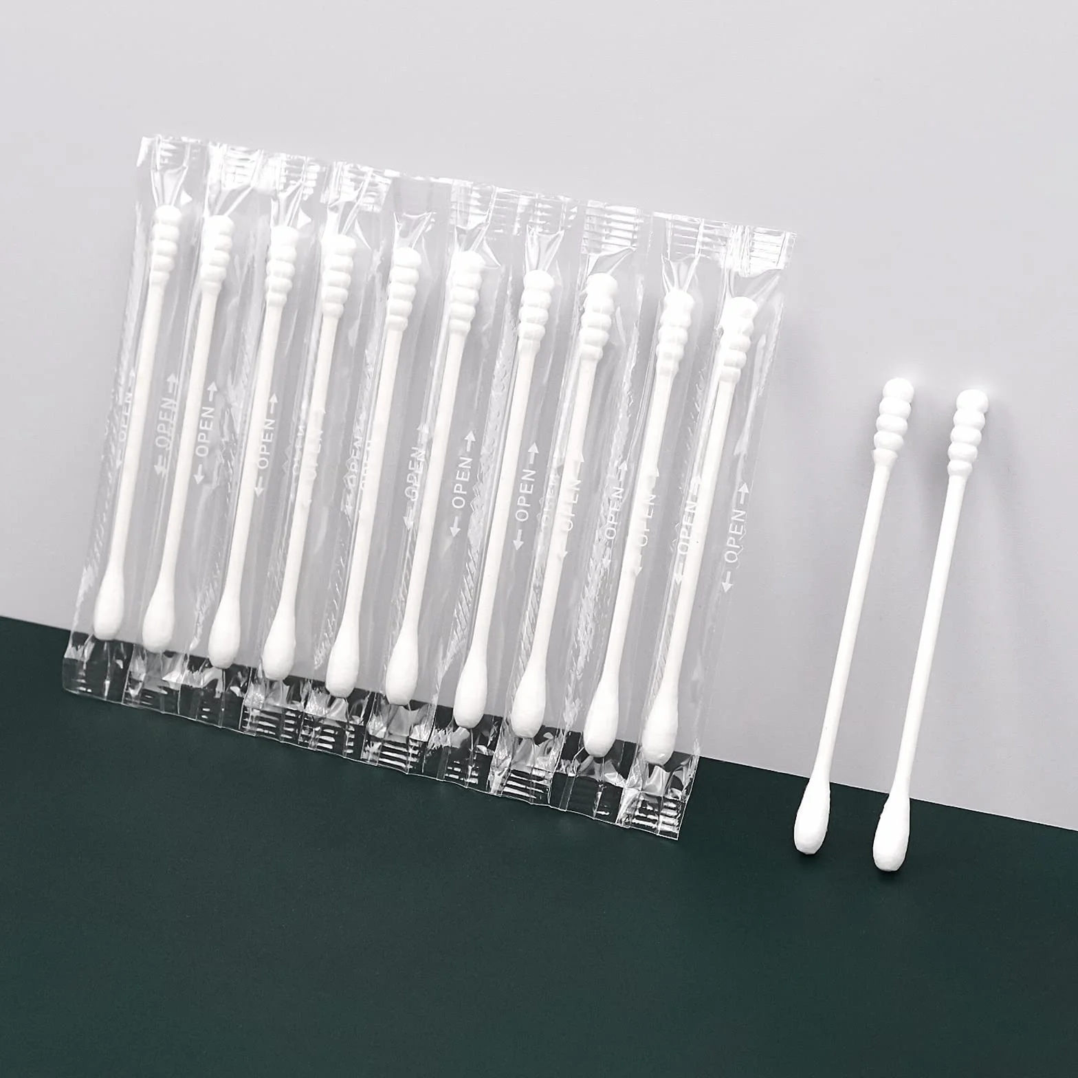 Confezione da 200 tamponi di cotone, confezionati singolarmente, bastoncini di carta a doppia punta per orecchio, trucco (Spirale-rotonda estremità)