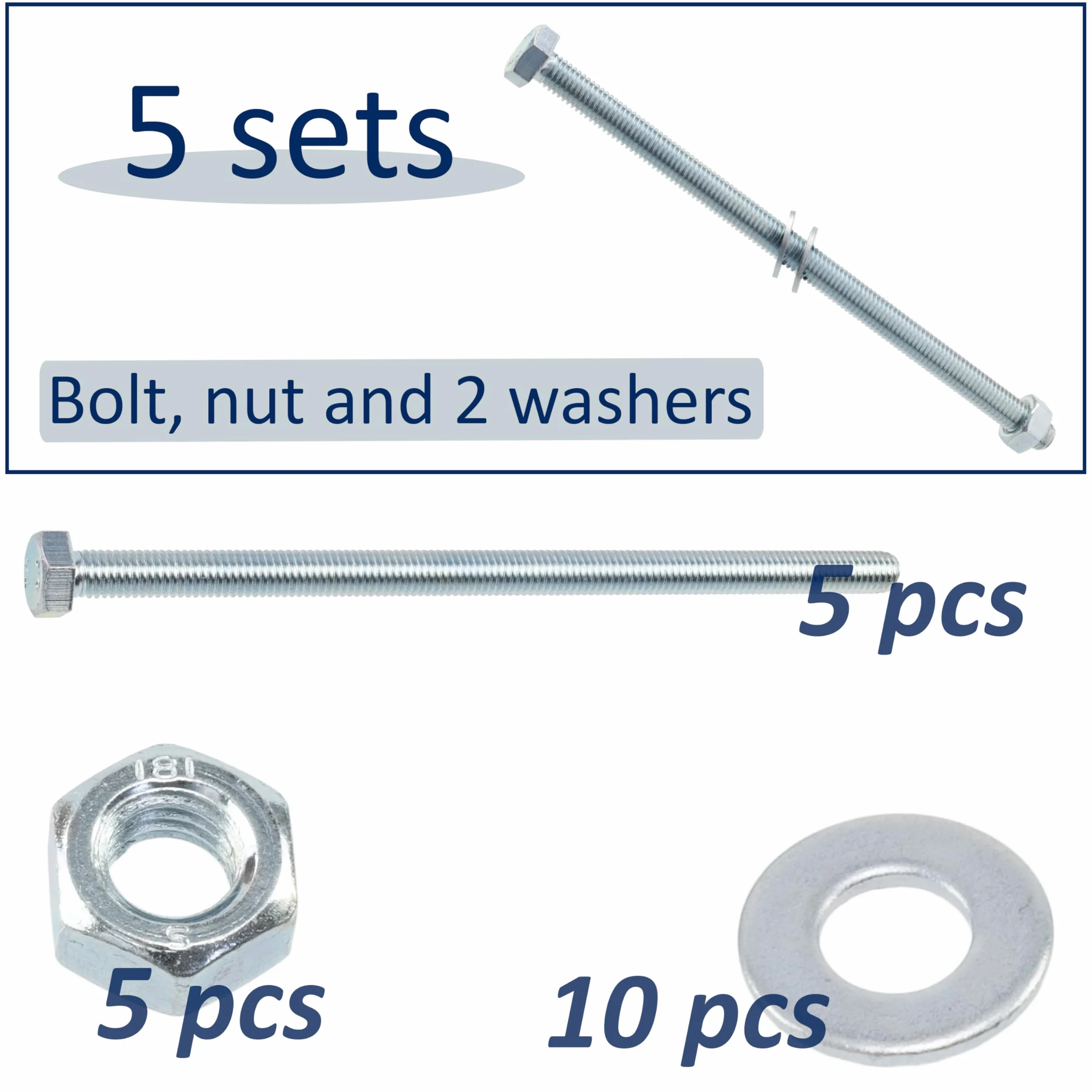 AERZETIX Set bulloni M8x150 mm testa esagonale 5 pezzi + rondelle M8x16 mm + dadi esagonali M8