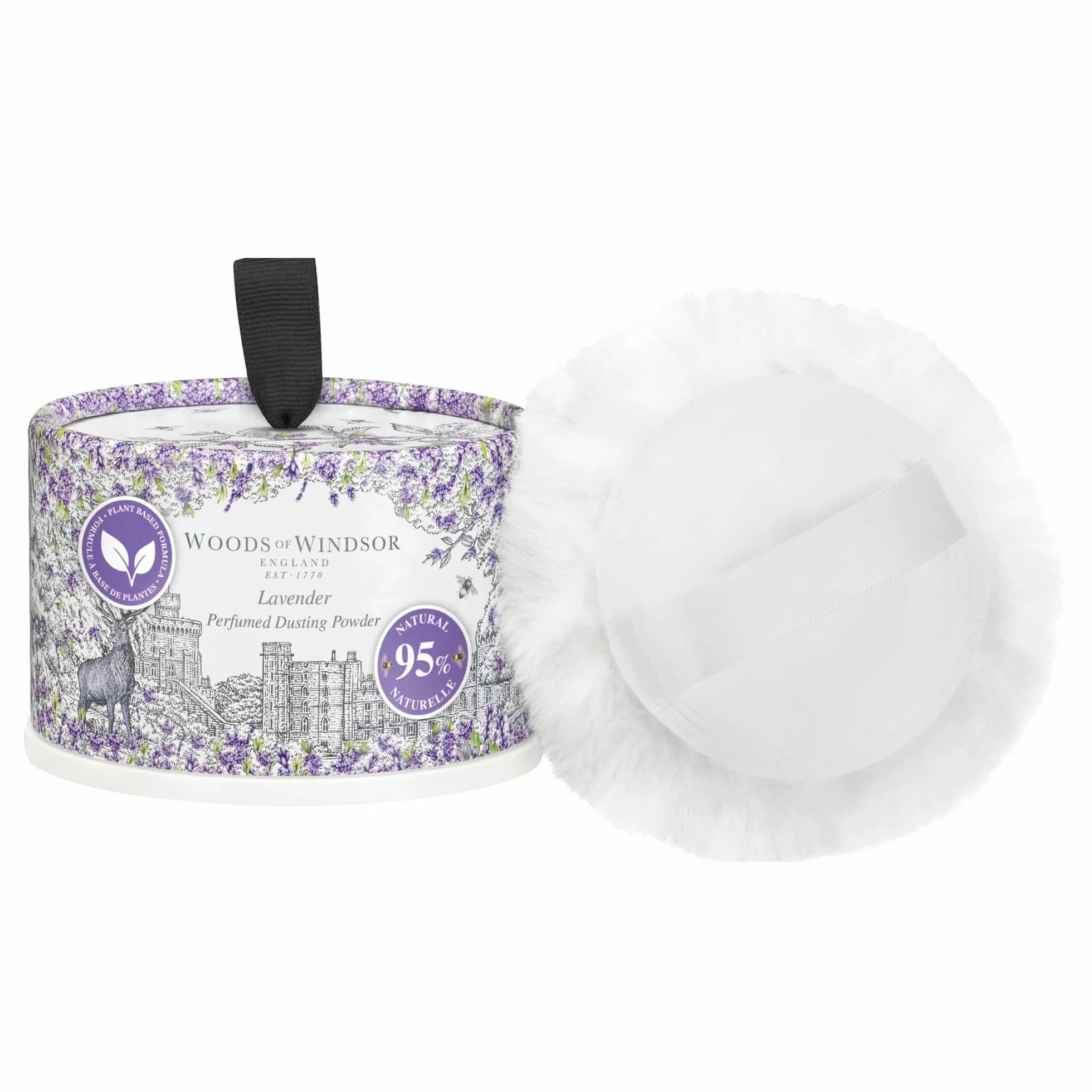 Woods of Windsor Polvere Profumata alla Lavanda con Puff Corpo, Alternativa al Talco, Controllo Odori e Prevenzione Irritazioni, 95% Ingredienti Naturali, Vegano e Cruelty Free, 100g