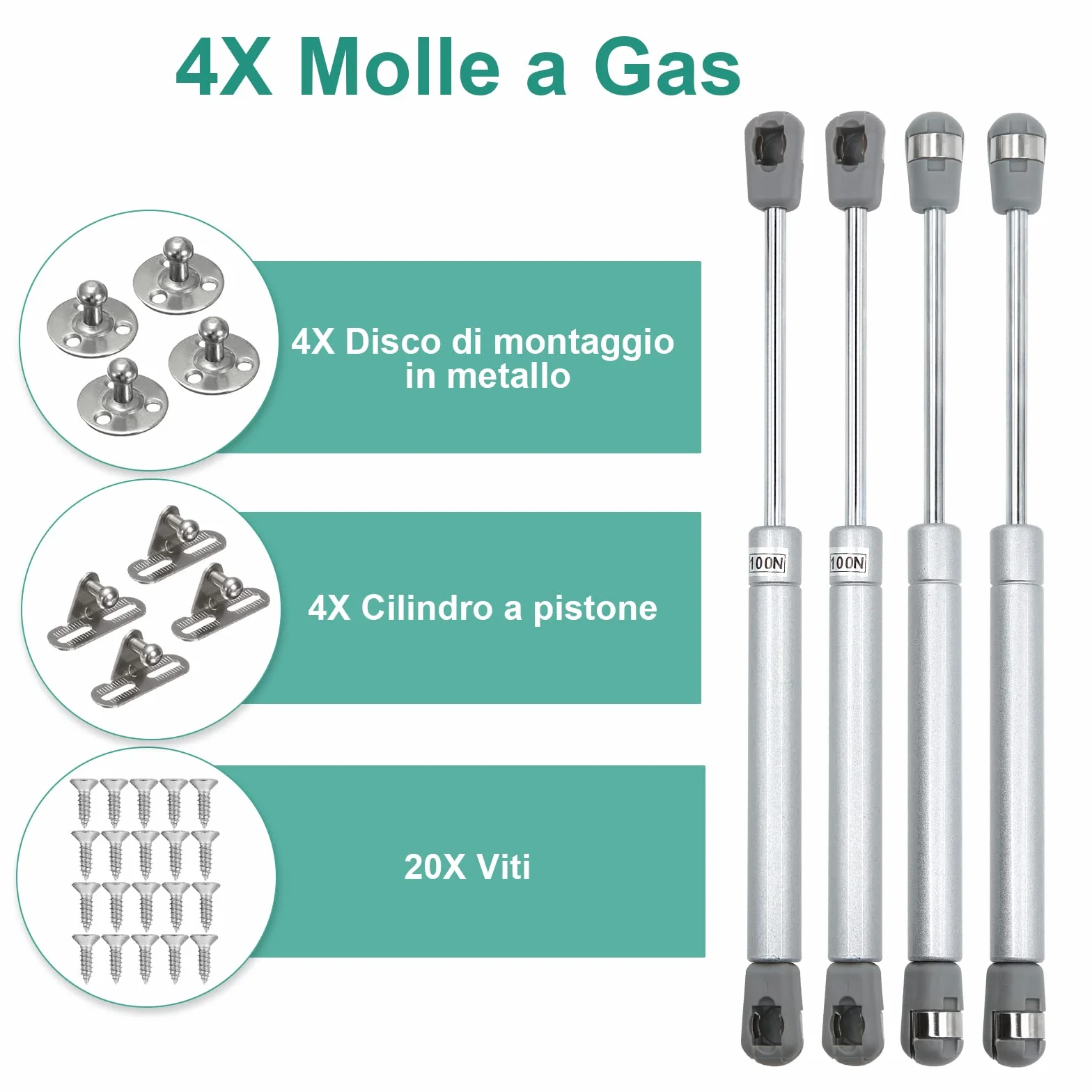 Ammortizzatori Molle a Gas per Ante Cucina 100N Pistoni 4 Pezzi Argento