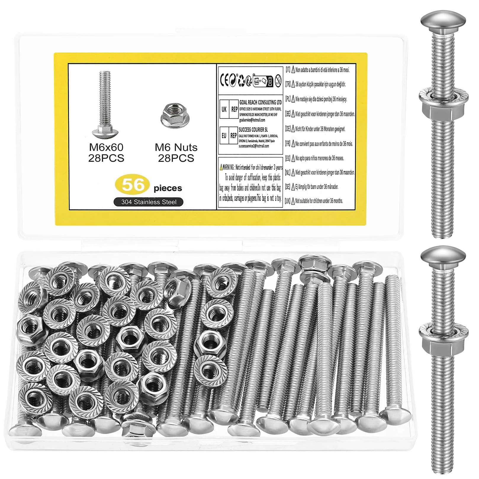 Bulloni Testa Tonda M6 x 60 mm, Viti a Testa Tonda Piatta M6, Set Acciaio Inox