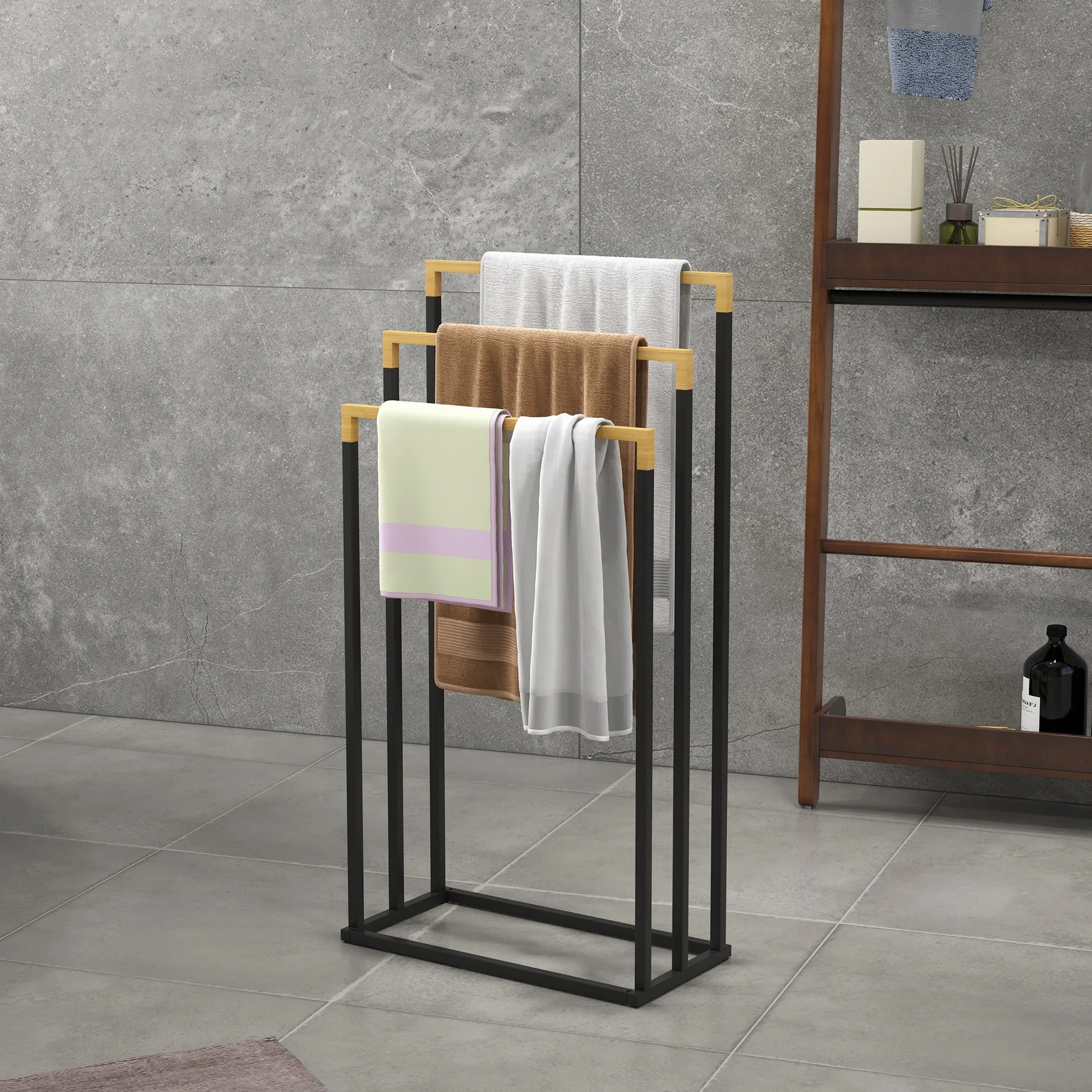 Kleankin Portasciugamani 3 Sbarre Bambù Acciaio Autoportante 45x22.5x86 cm Nero