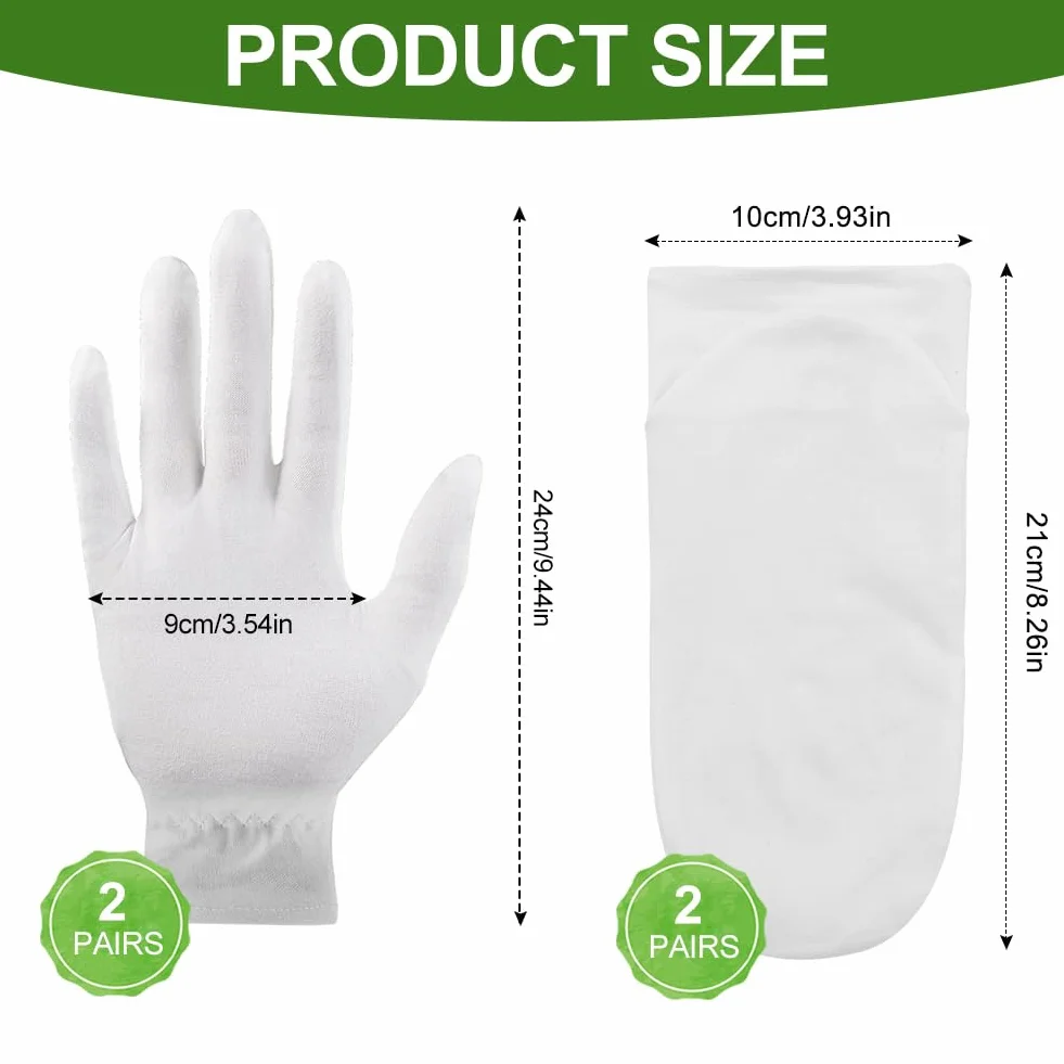 Guanti in Cotone Bianchi e Ccalzini Idratanti per Piedi Set, Riutilizzabili 2 paia Guanti in Cotone Bianco e 2 paia Calze Idratanti in Cotone per le Donne Eczema Mani Secche Cura Della Pelle e del Spa