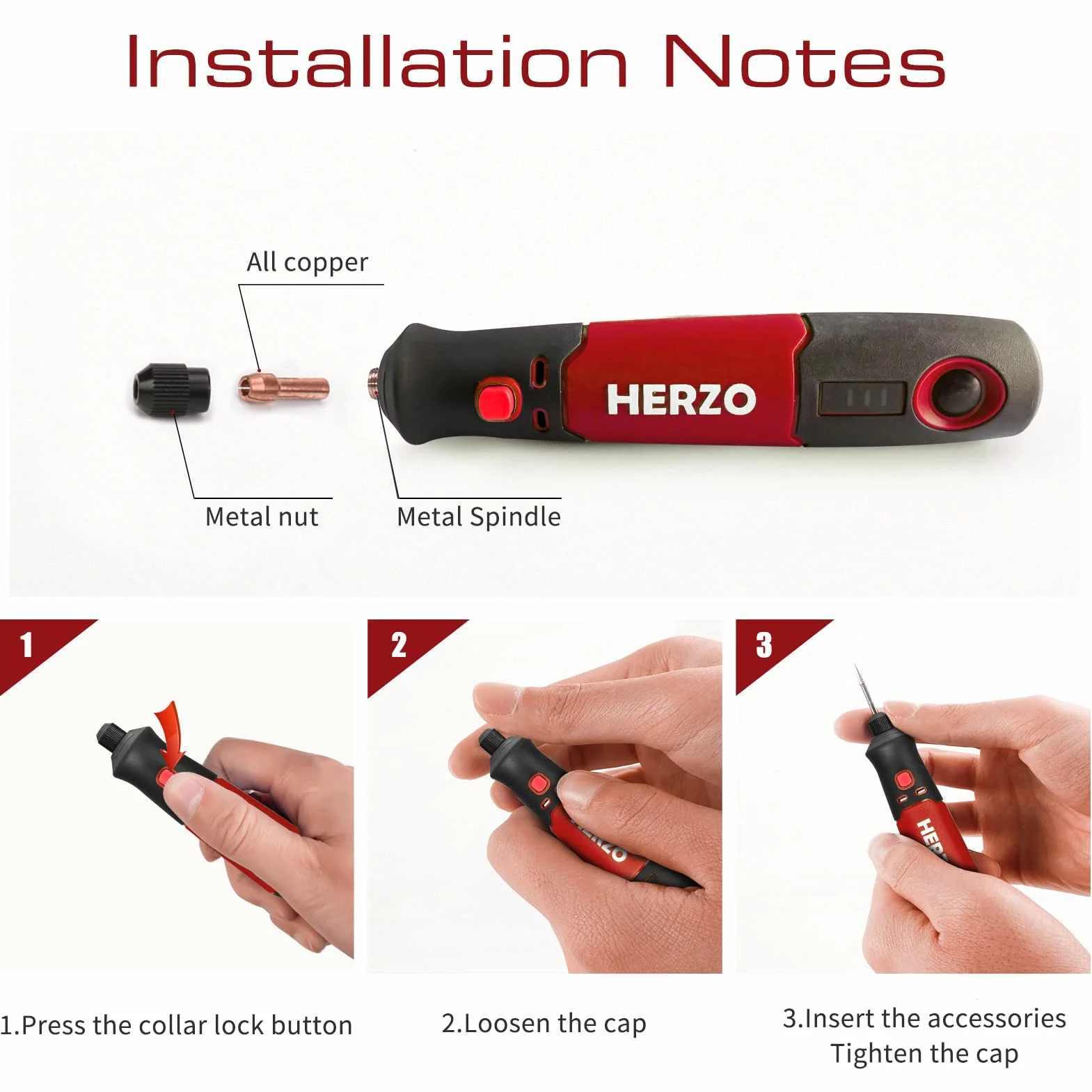 HERZO Strumento Multifunzione Senza Fili, mini trapano elettrico rotativo USB Ricaricabile 32 Accessori 3 Velocità Variabile 5000-15000RPM