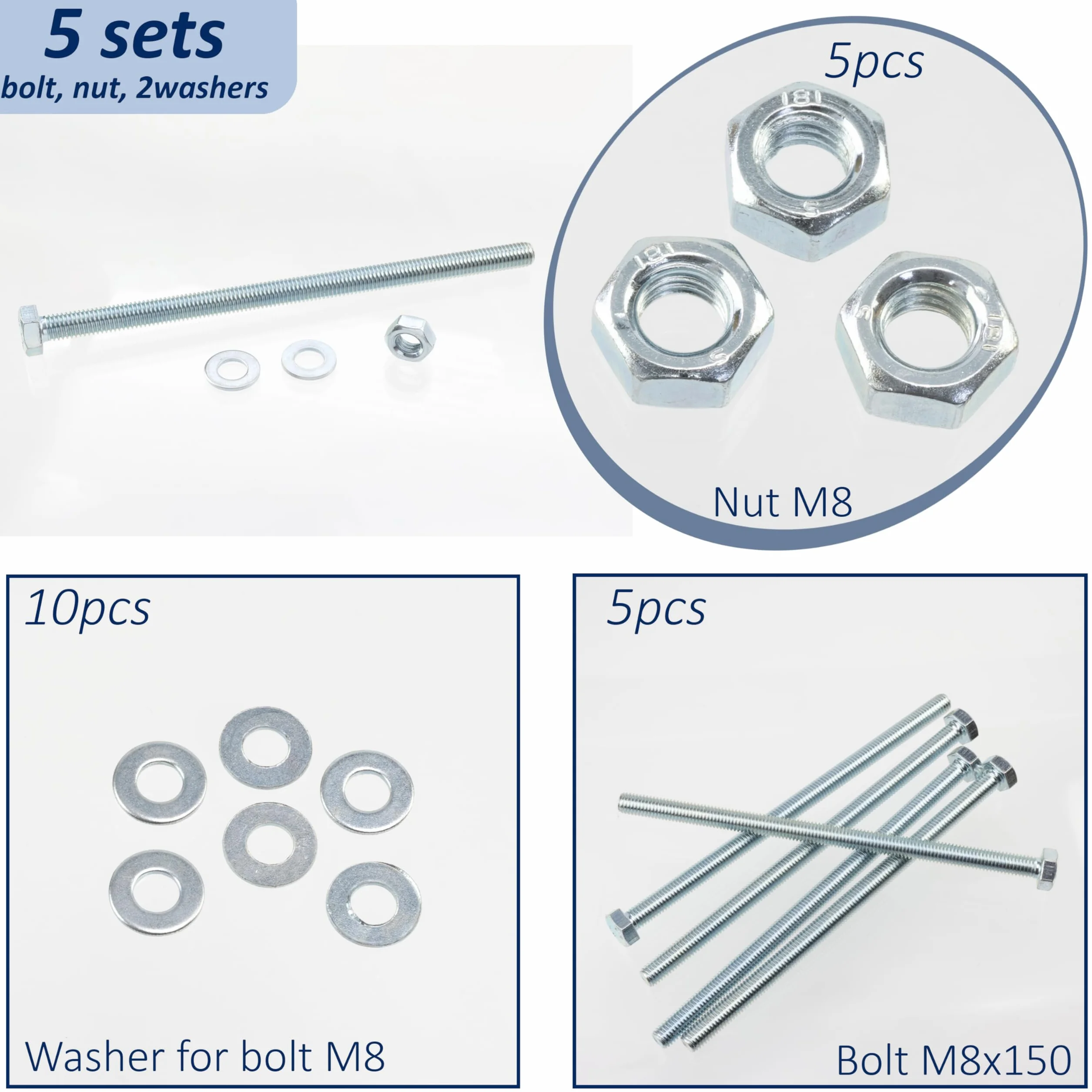 AERZETIX Set bulloni M8x150 mm testa esagonale 5 pezzi + rondelle M8x16 mm + dadi esagonali M8