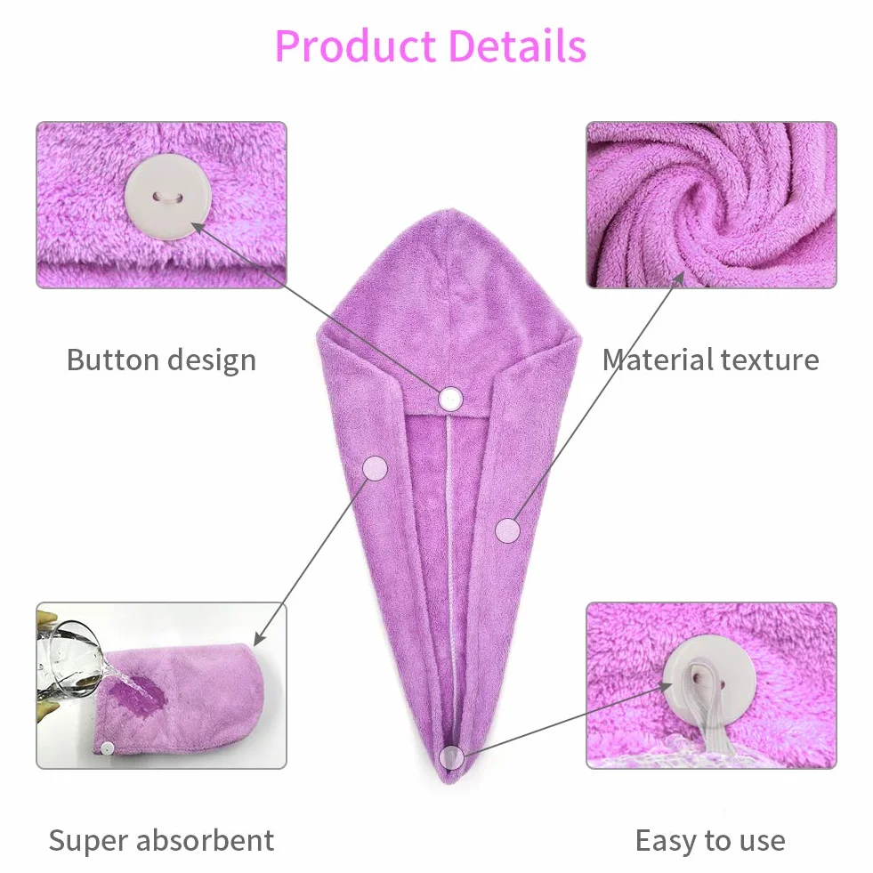 RIGHTWELL Asciugamano Per Capelli 3 Pezzi Asciugamano In Tessuto Di Microfibra Soft Super Assorbente Design Dei Bottoni