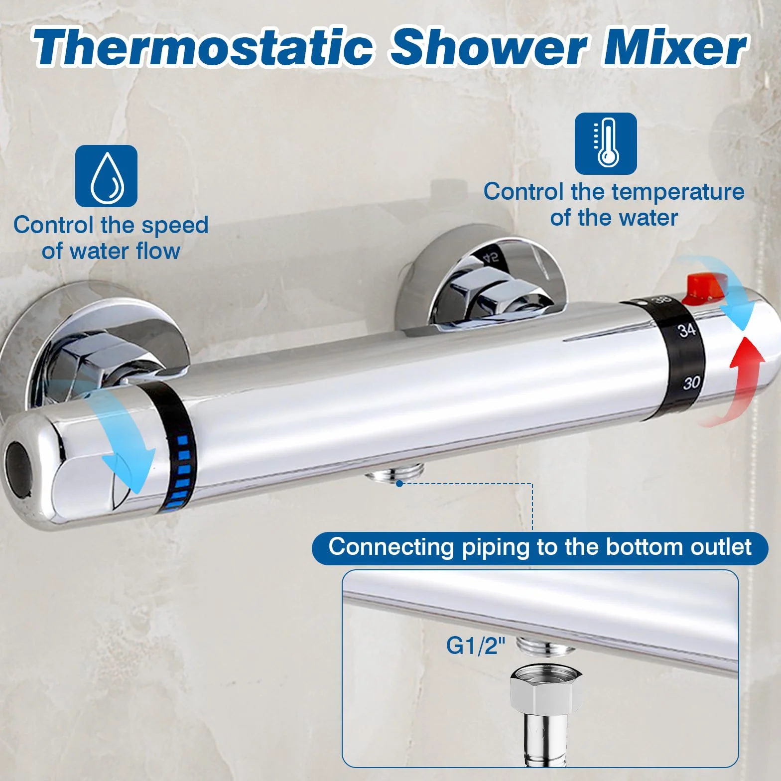 Miscelatore Doccia Termostatico G 1/2" a due Uscite, Blocco di Sicurezza 38°