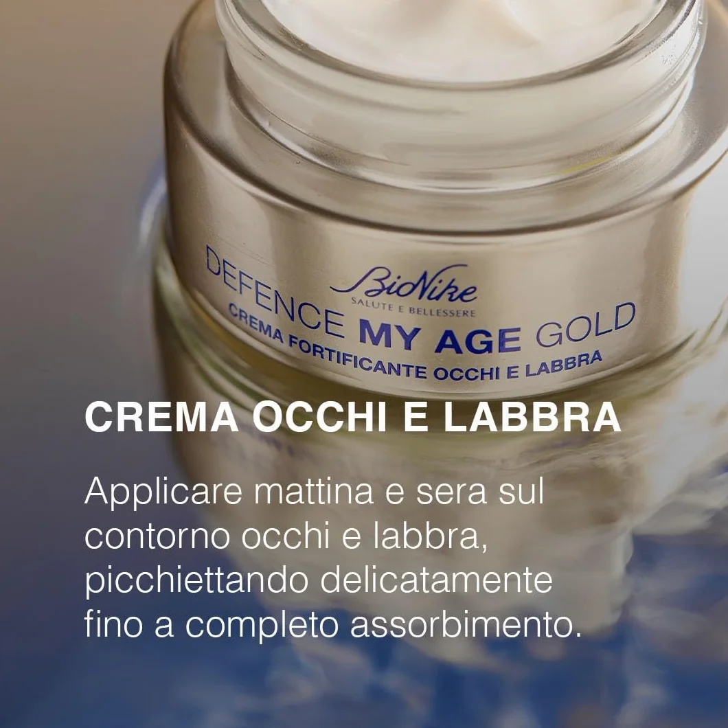 BioNike Defence My Age Gold - Crema Contorno Occhi e Labbra Antirughe con Acido Ialuronico, Trattamento Fortificante per Levigare, Distendere e Rivitalizzare la Pelle Matura, 15ml
