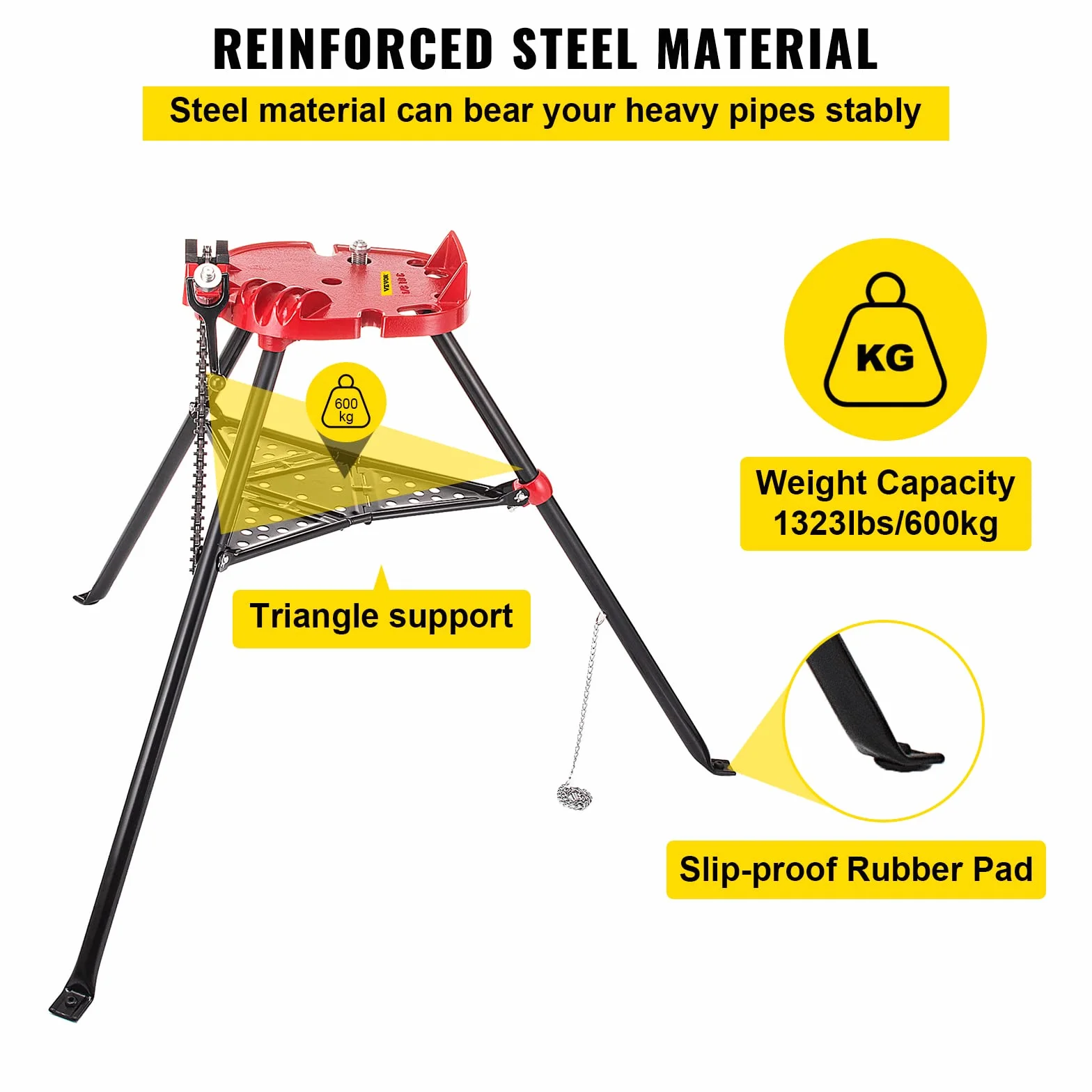 VEVOR 460-6 Morsa a catena per tubi con treppiede, capacità 1/8"-6", gambe in acciaio pieghevoli